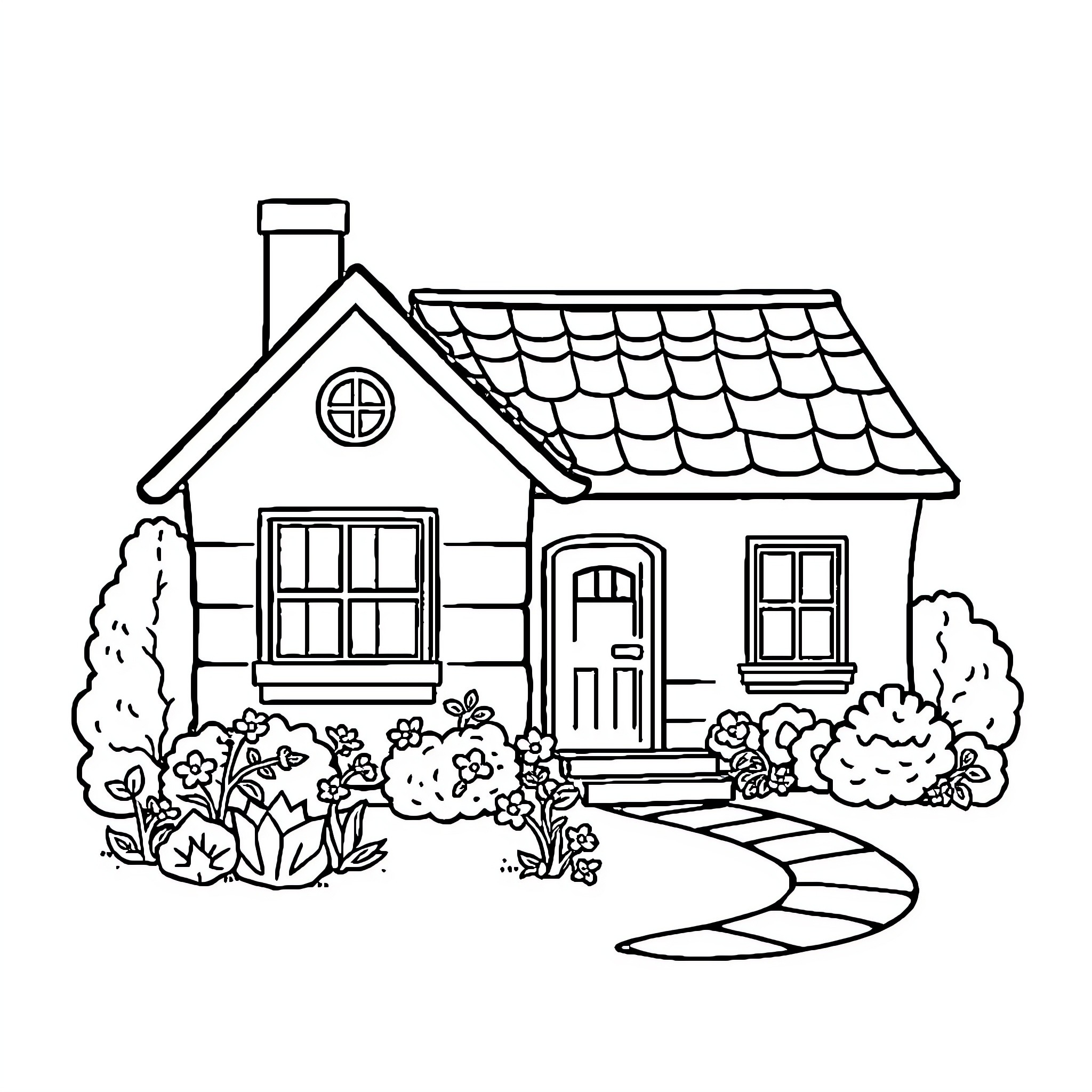 House with flower garden and path Coloring Page (free black-and-white line drawing printable PDF for all, from beginners to advanced learners, including children, teens, adults, and seniors)