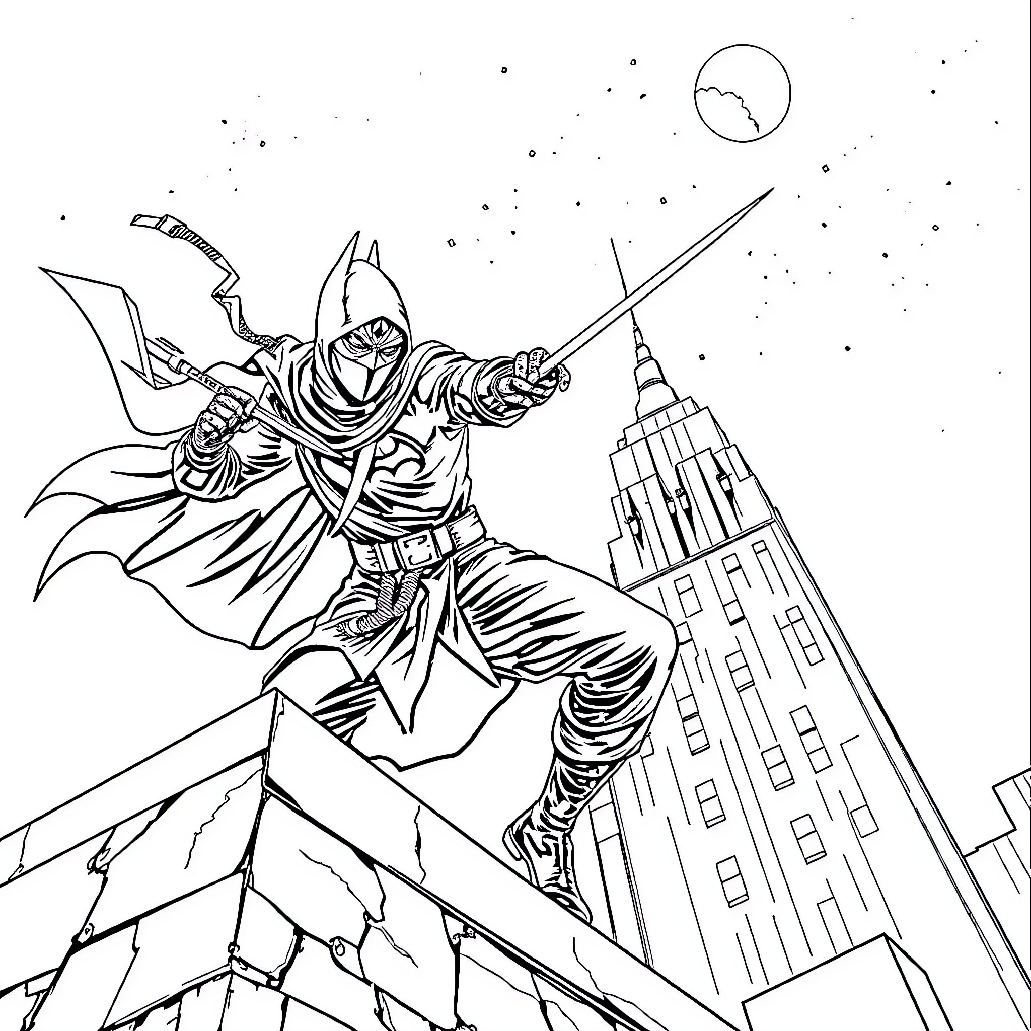 Ninja warrior in the city at night Coloring Page (free black-and-white line drawing printable PDF for all, from beginners to advanced learners, including children, teens, adults, and seniors)