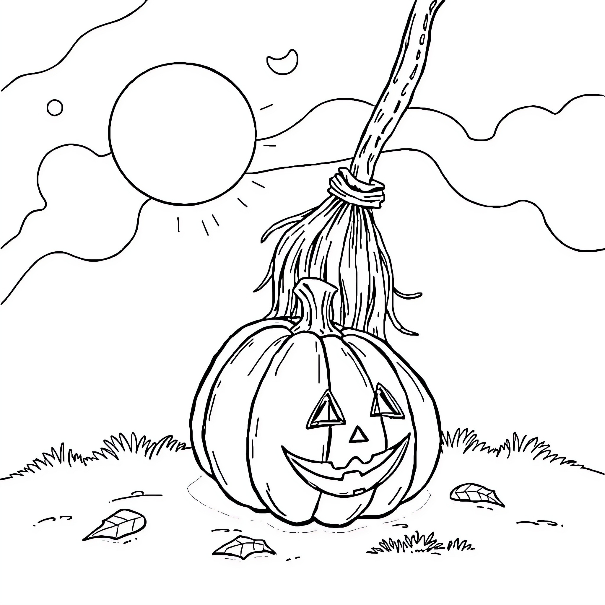 Pumpkin with a broom in the moonlight Coloring Page (free black-and-white line drawing printable PDF for all, from beginners to advanced learners, including children, teens, adults, and seniors)