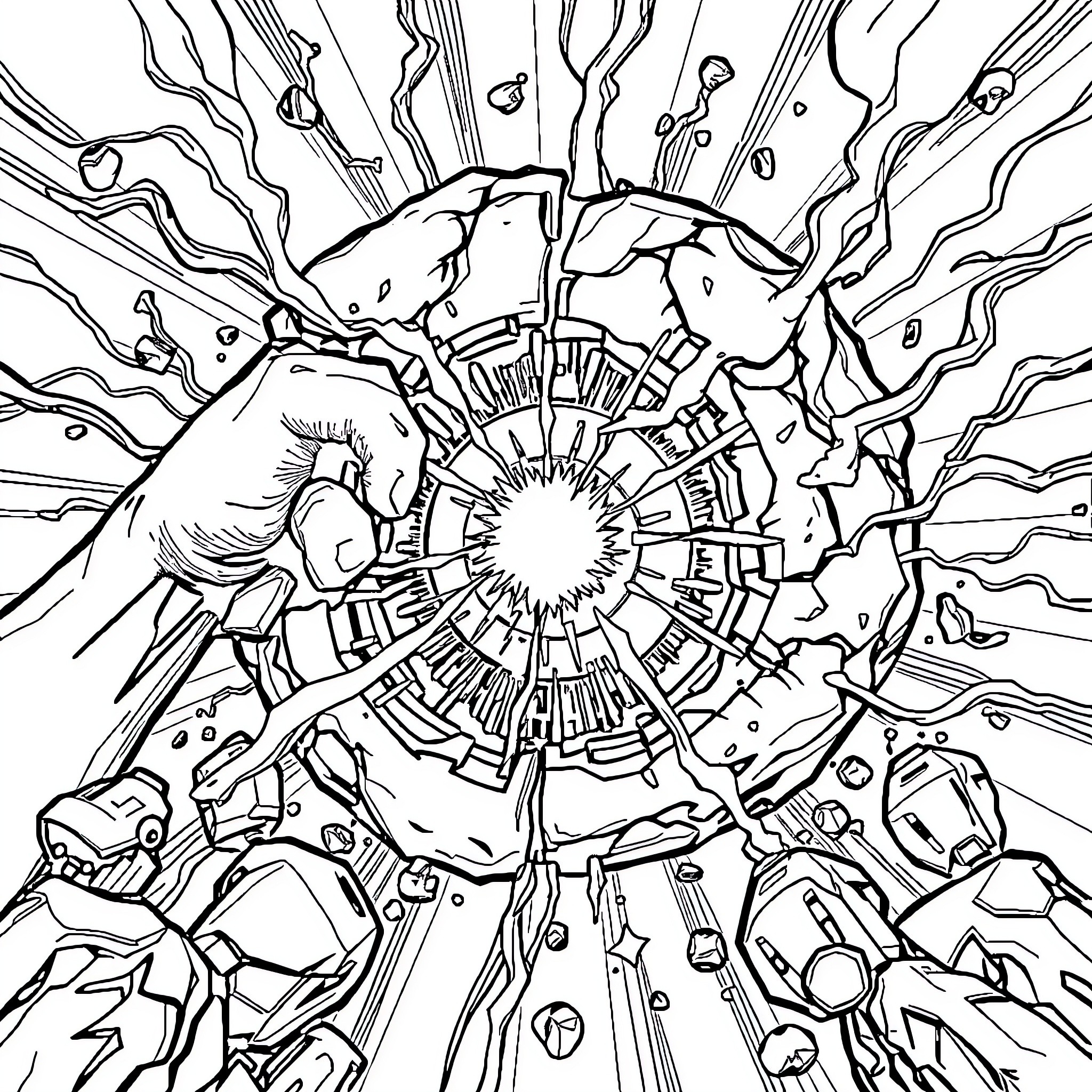 Tronnks: Futuristic Mechanical Explosion Coloring Page (free black-and-white line drawing printable PDF for all, from beginners to advanced learners, including children, teens, adults, and seniors)