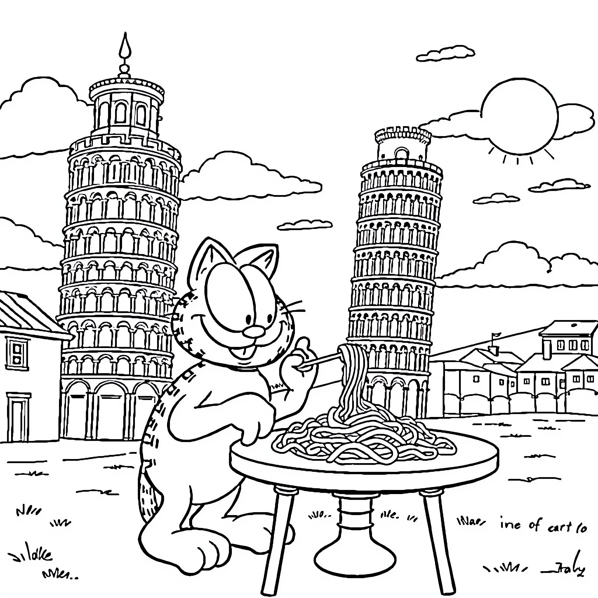 Garfield's Italian Adventure at the Leaning Tower Coloring Page (free black-and-white line drawing printable PDF for all, from beginners to advanced learners, including children, teens, adults, and seniors)