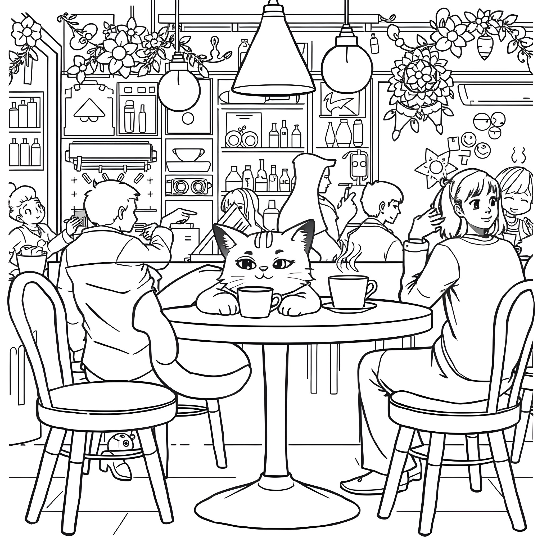 Cat enjoying a cozy cafe with friends Coloring Page (free black-and-white line drawing printable PDF for all, from beginners to advanced learners, including children, teens, adults, and seniors)