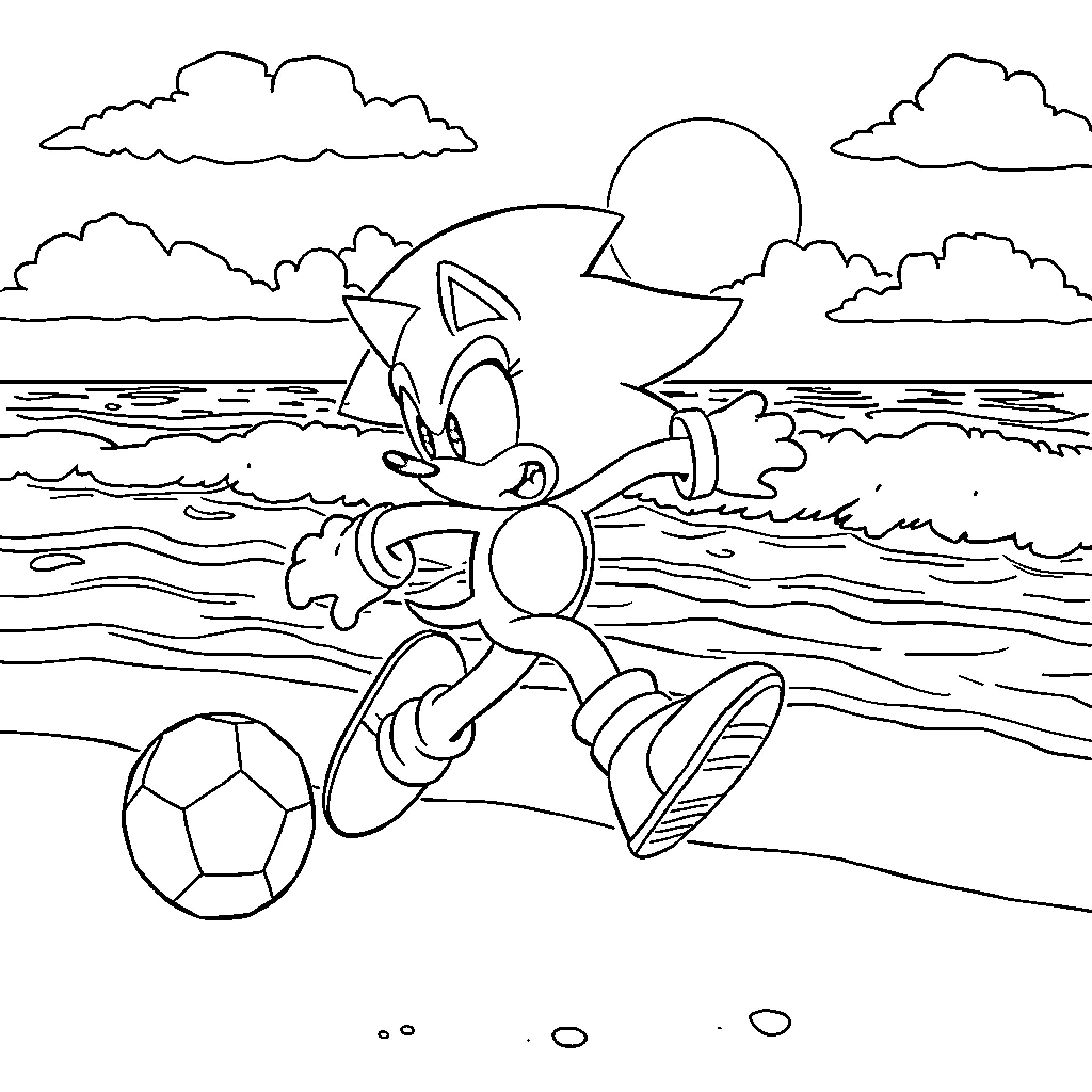 Sonic running on the beach with a soccer ball Coloring Page (free black-and-white line drawing printable PDF for all, from beginners to advanced learners, including children, teens, adults, and seniors)