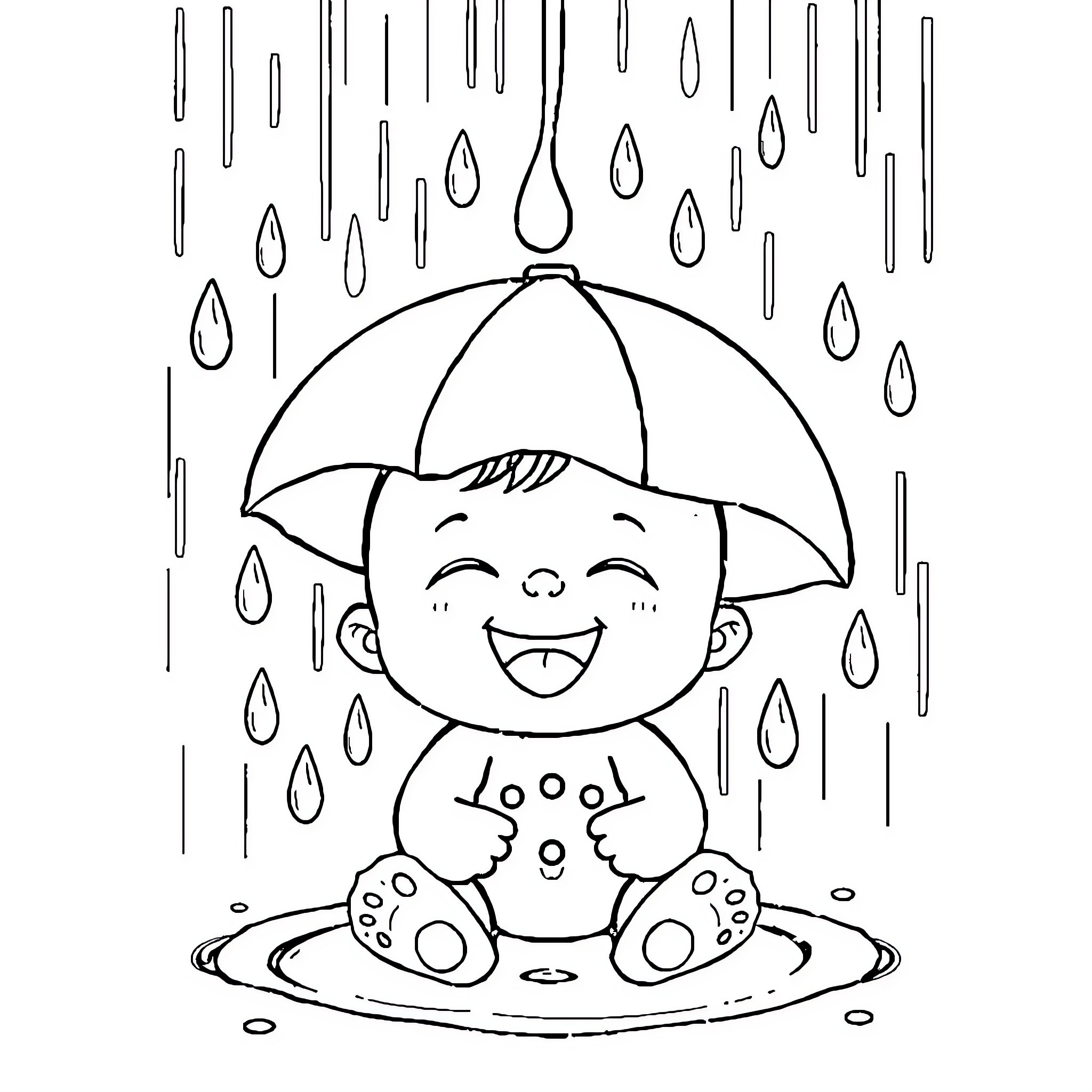 Baby playing happily in the rain with umbrella Coloring Page (free black-and-white line drawing printable PDF for all, from beginners to advanced learners, including children, teens, adults, and seniors)
