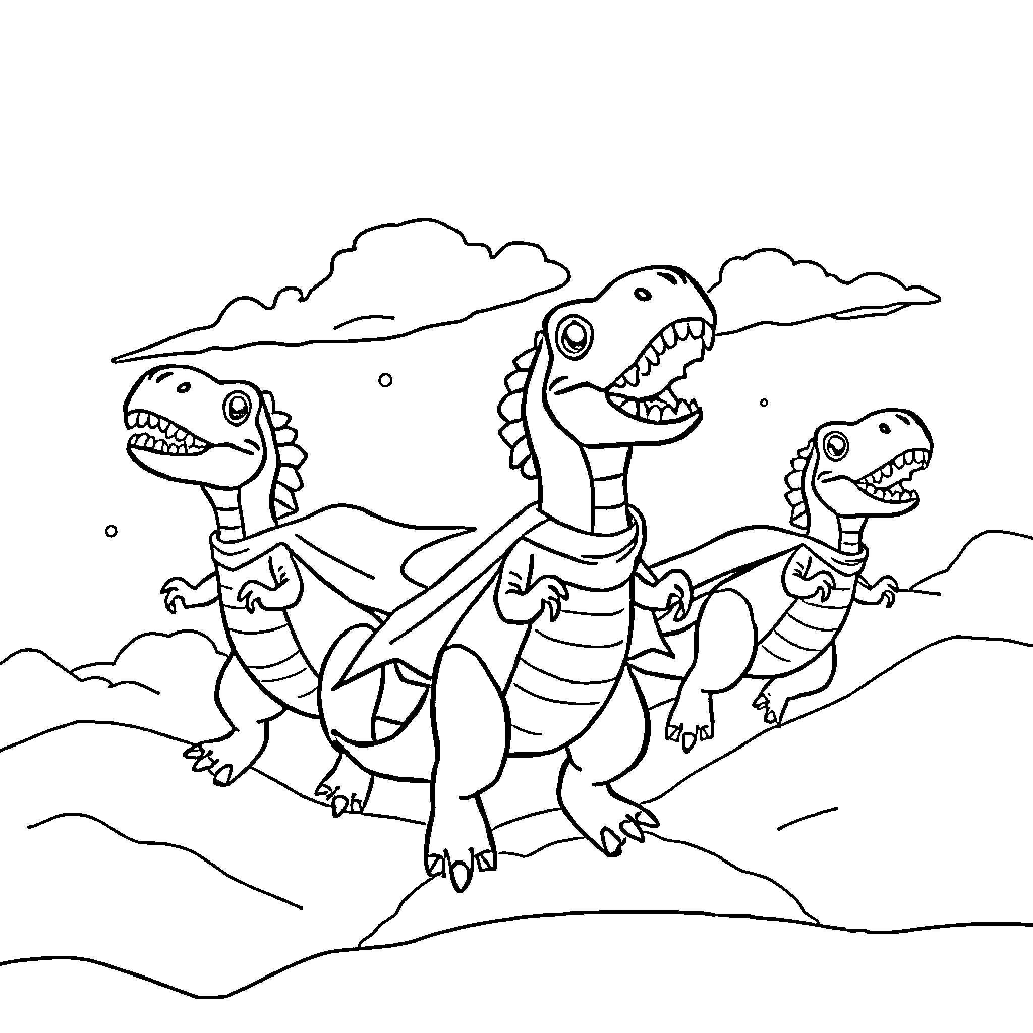 Dinosaurs racing through a rocky landscape Coloring Page (free black-and-white line drawing printable PDF for all, from beginners to advanced learners, including children, teens, adults, and seniors)