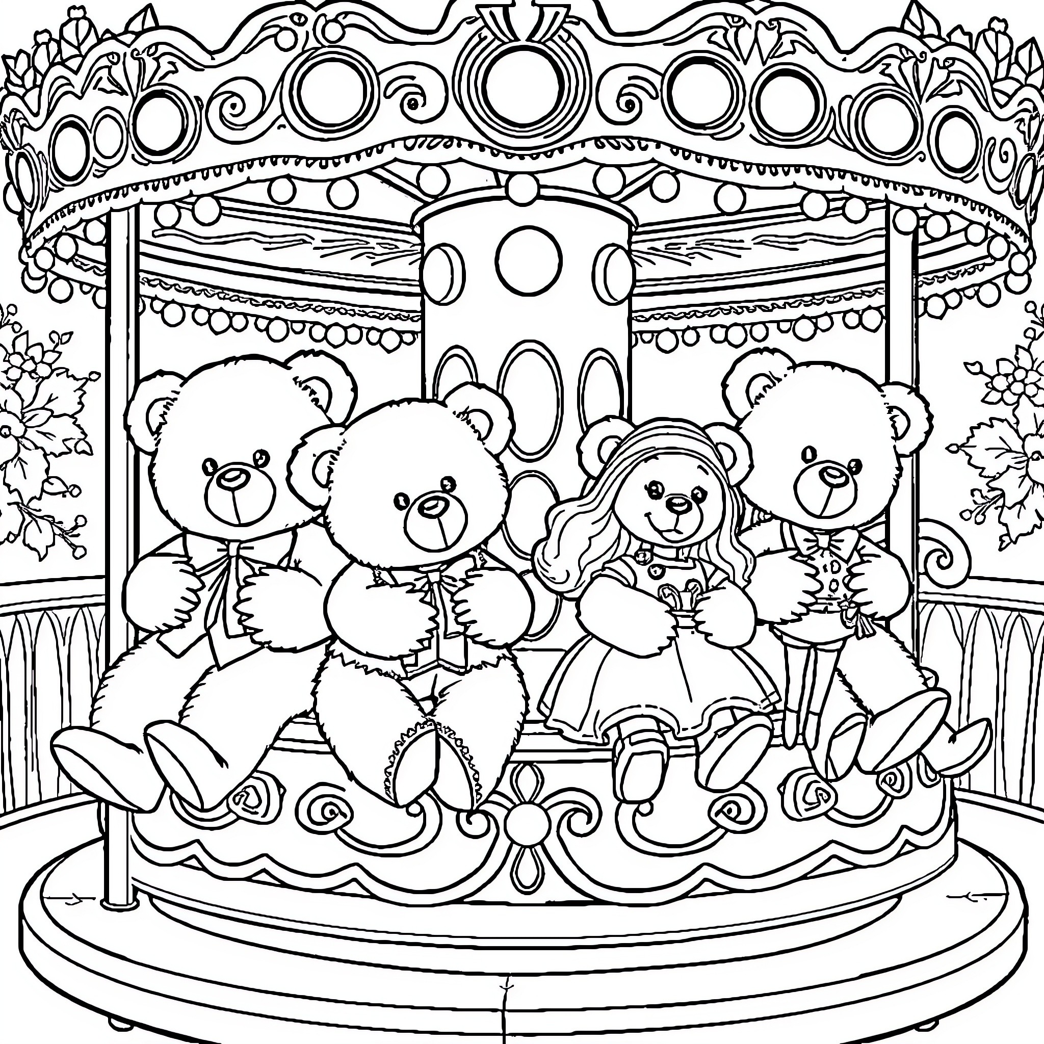 Teddy Bears on a Colorful Carousel Coloring Page (free black-and-white line drawing printable PDF for all, from beginners to advanced learners, including children, teens, adults, and seniors)