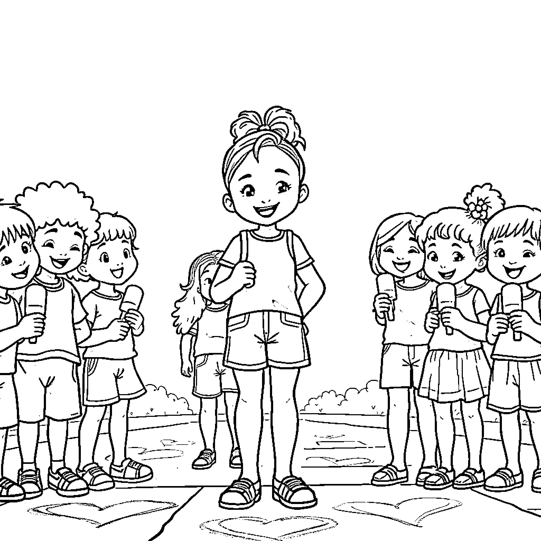 Girl playing with friends on a field Coloring Page (free black-and-white line drawing printable PDF for all, from beginners to advanced learners, including children, teens, adults, and seniors)