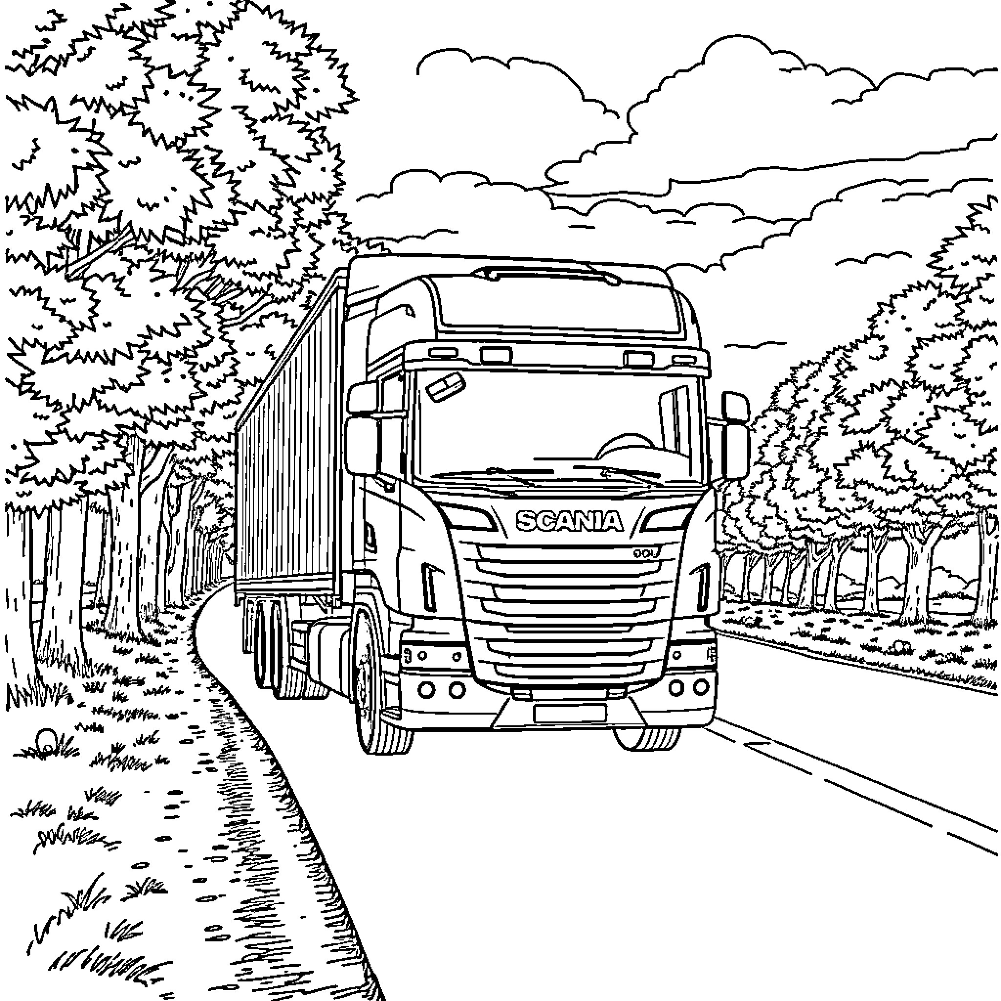 Scania truck driving through scenic forest landscape Coloring Page (free black-and-white line drawing printable PDF for all, from beginners to advanced learners, including children, teens, adults, and seniors)