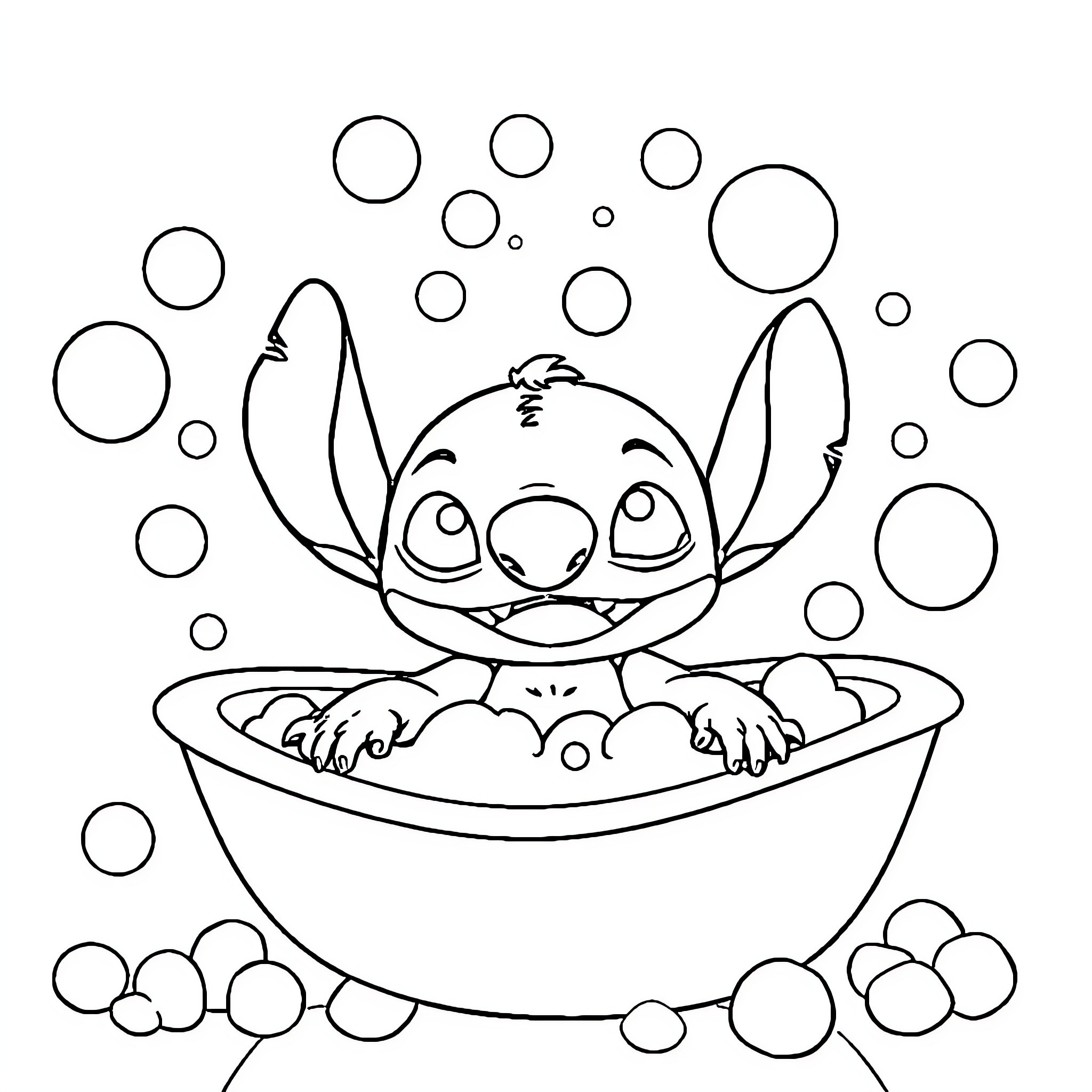 Stitch relaxing in a bubble bath Coloring Page (free black-and-white line drawing printable PDF for all, from beginners to advanced learners, including children, teens, adults, and seniors)