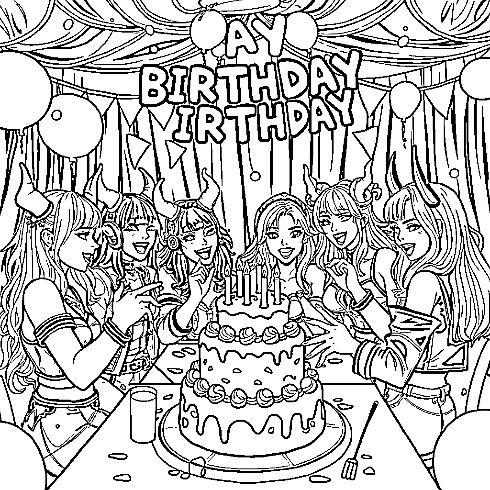 Kpop Demon Hunters Celebrate a Birthday Party Coloring Page (free black-and-white line drawing printable PDF for all, from beginners to advanced learners, including children, teens, adults, and seniors)