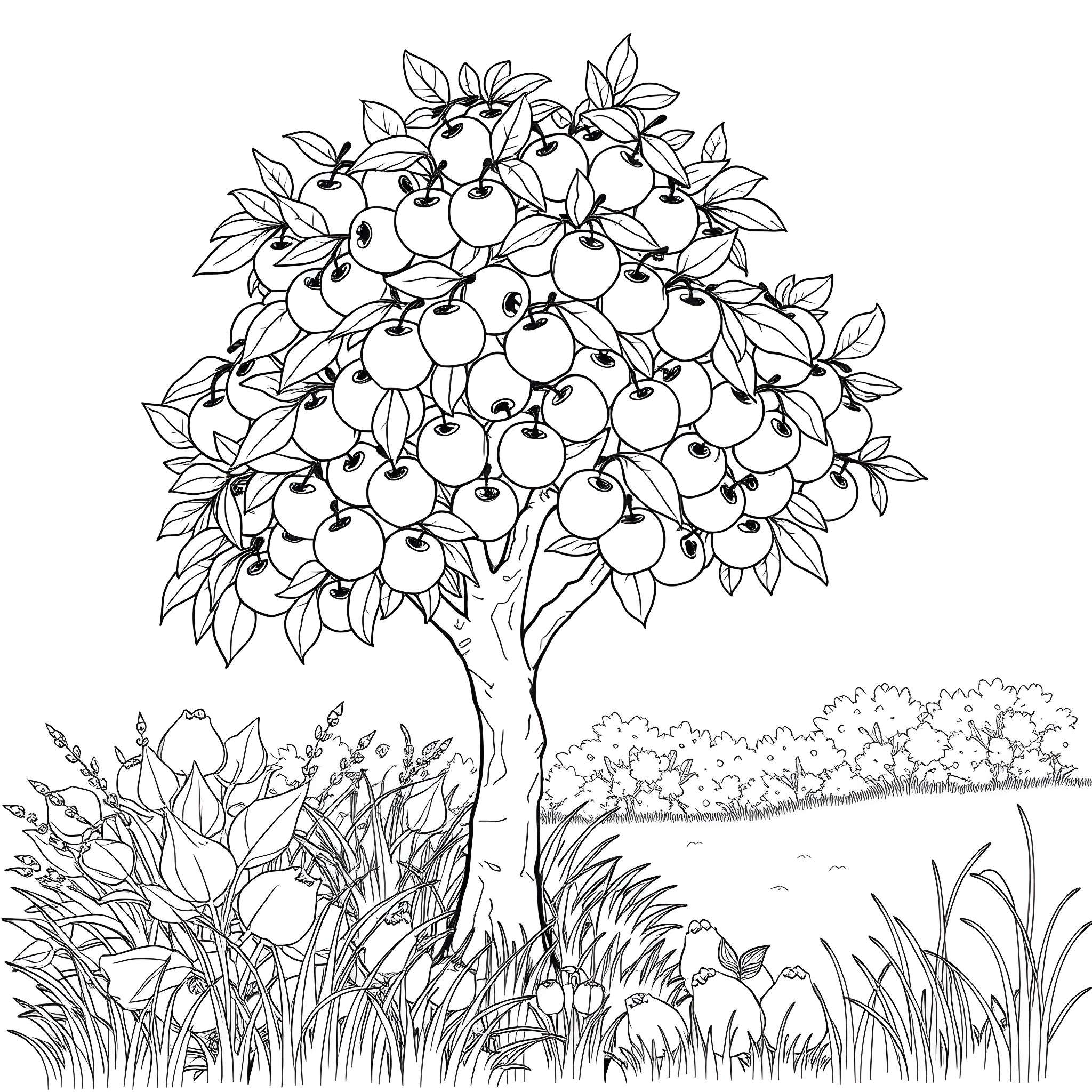 Crab Apple Tree in Pastoral Landscape Coloring Page (free black-and-white line drawing printable PDF for all, from beginners to advanced learners, including children, teens, adults, and seniors)