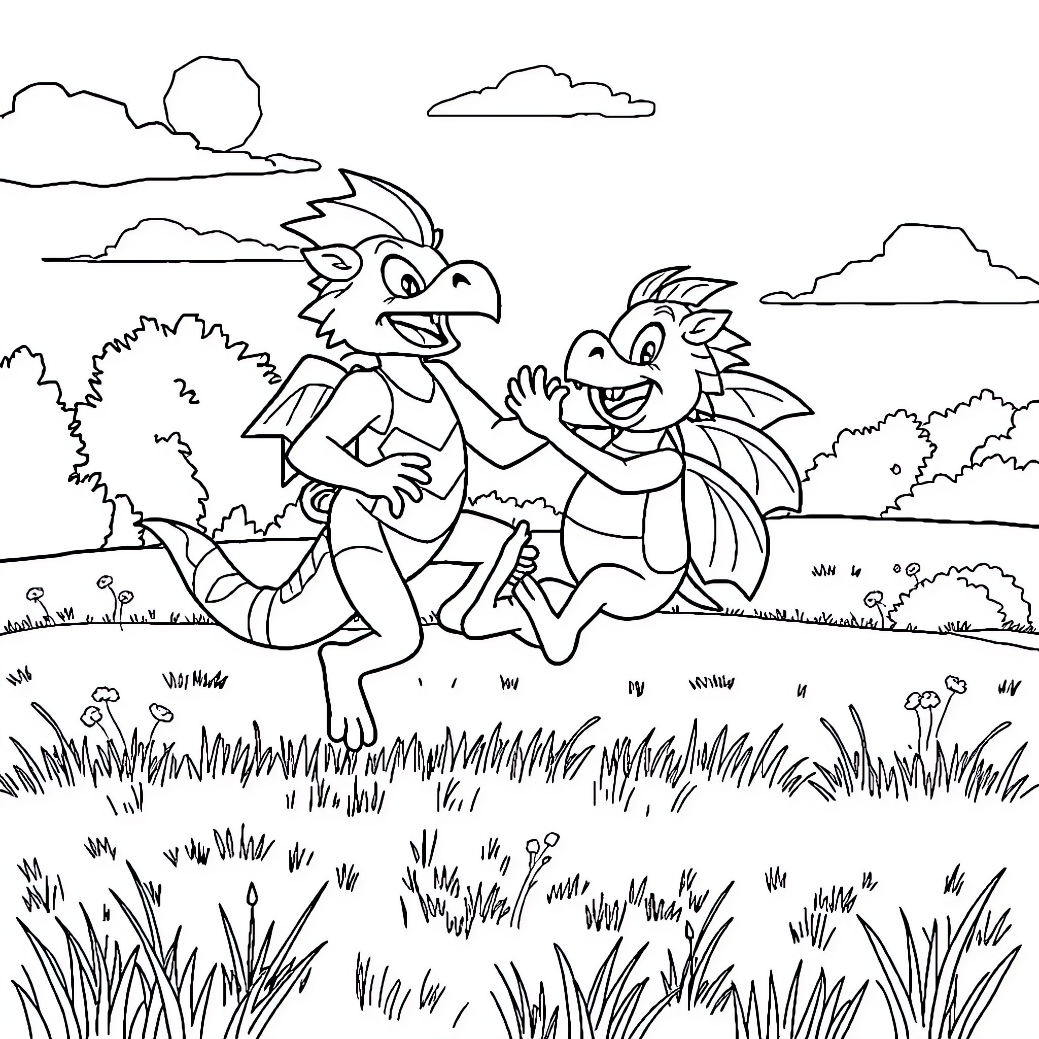Goldorak characters playing in a nature scene Coloring Page (free black-and-white line drawing printable PDF for all, from beginners to advanced learners, including children, teens, adults, and seniors)