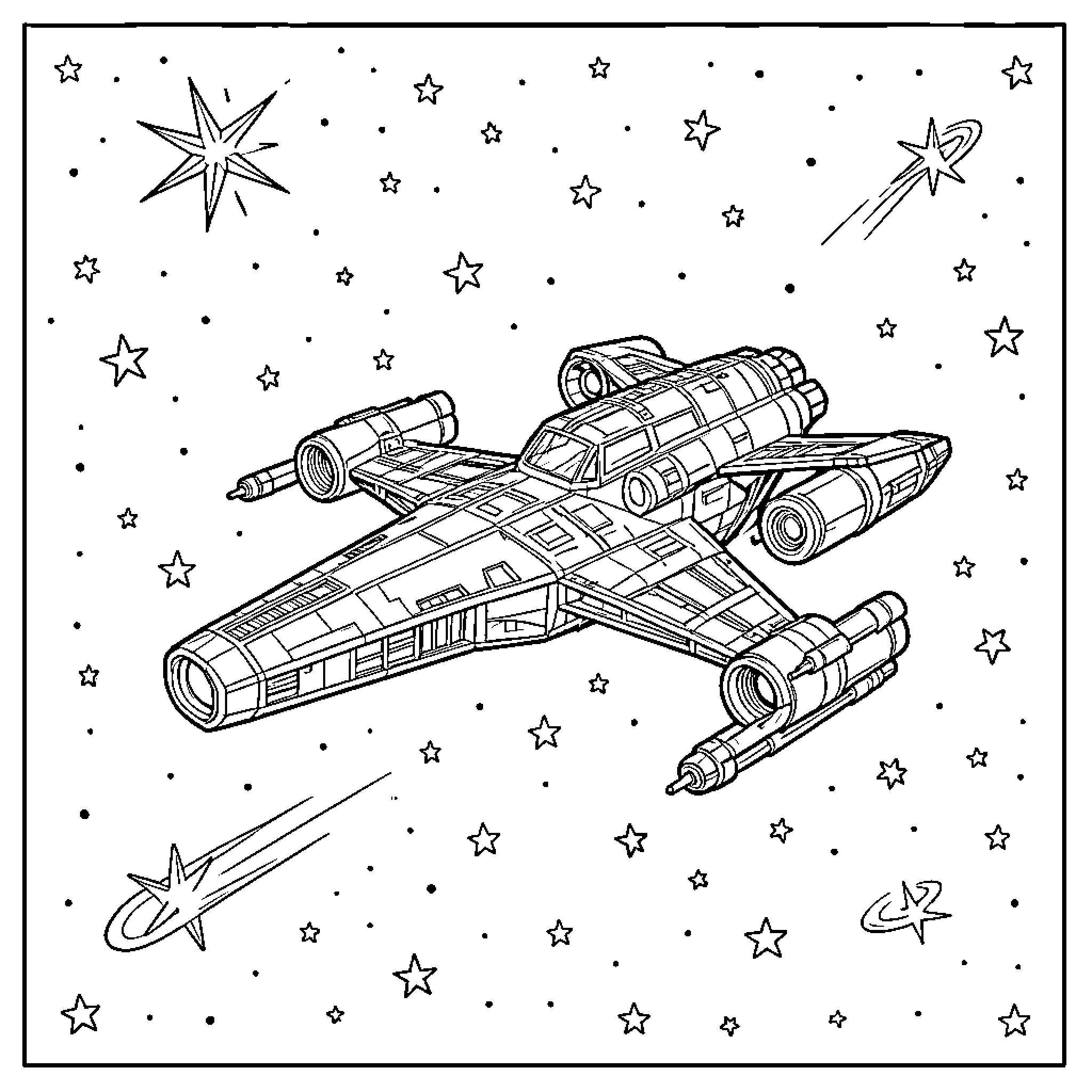 Spaceship cruising through a field of stars Coloring Page (free black-and-white line drawing printable PDF for all, from beginners to advanced learners, including children, teens, adults, and seniors)