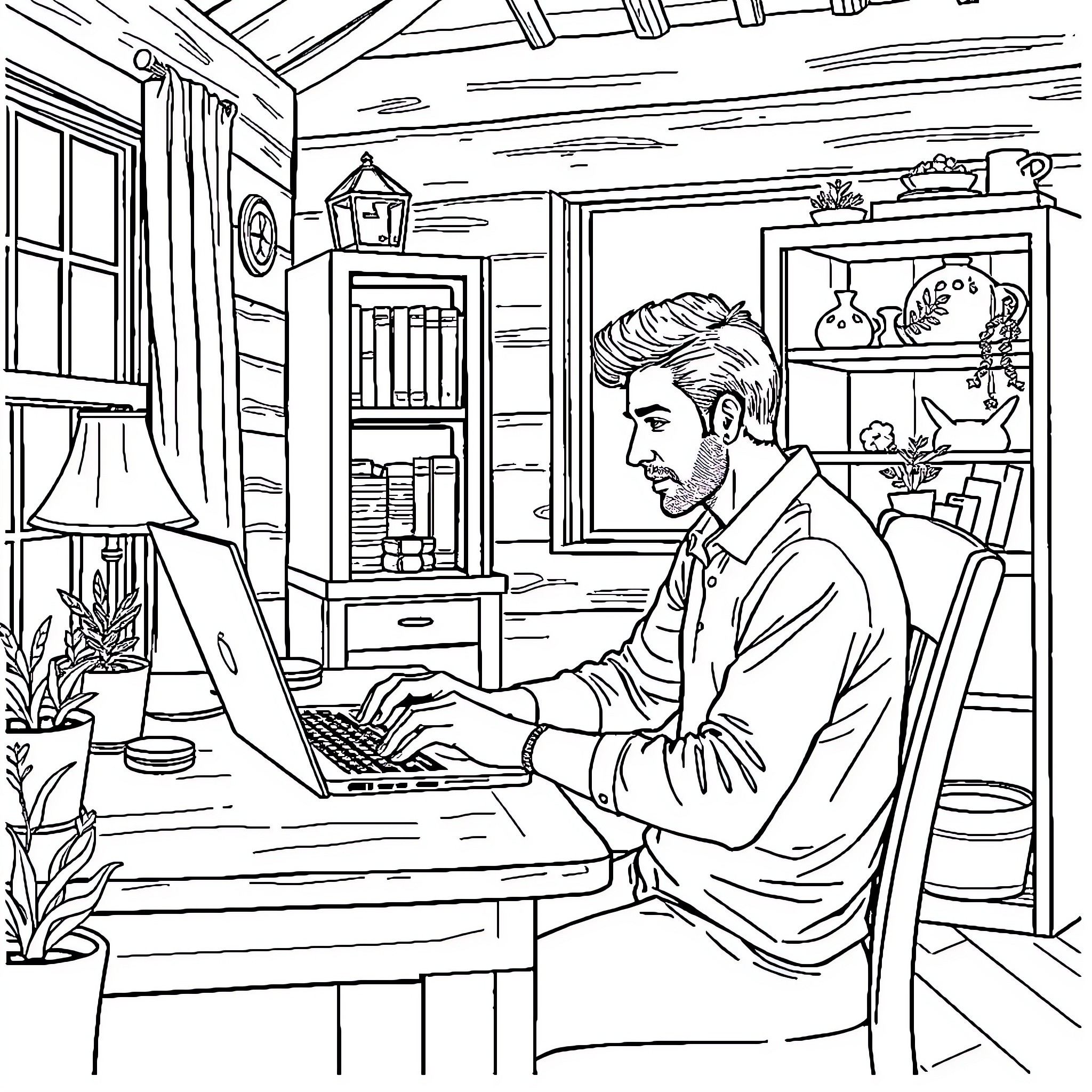 Man working intently on a laptop in a cozy home office Coloring Page (free black-and-white line drawing printable PDF for all, from beginners to advanced learners, including children, teens, adults, and seniors)