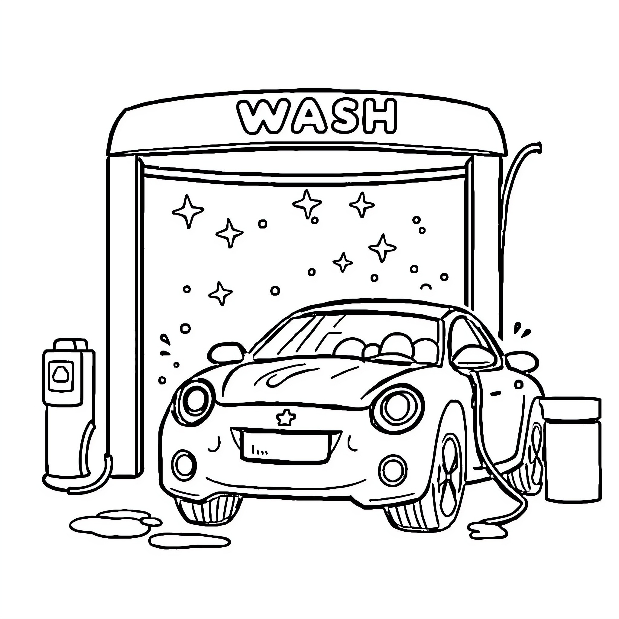 Carwash with a vehicle getting cleaned Coloring Page (free black-and-white line drawing printable PDF for all, from beginners to advanced learners, including children, teens, adults, and seniors)