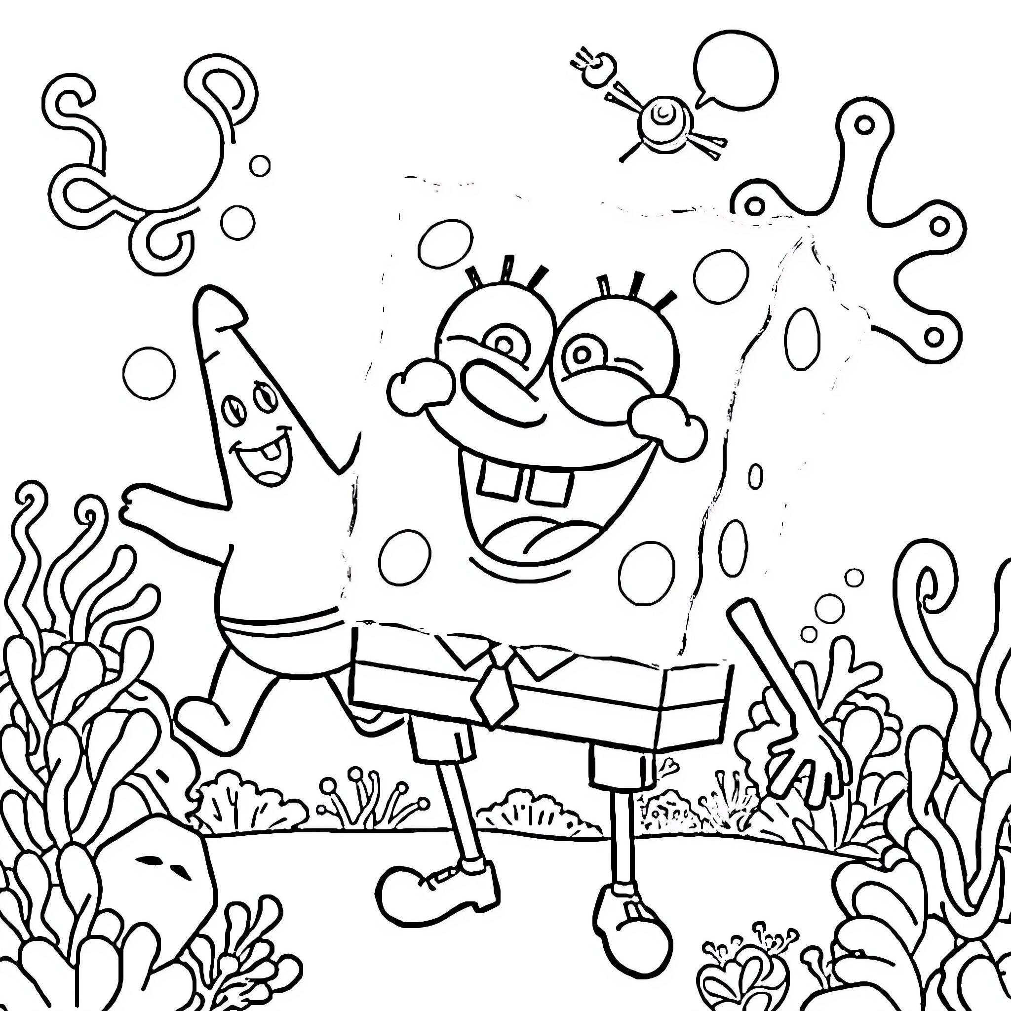Spongebob and friends in a whimsical underwater scene Coloring Page (free black-and-white line drawing printable PDF for all, from beginners to advanced learners, including children, teens, adults, and seniors)