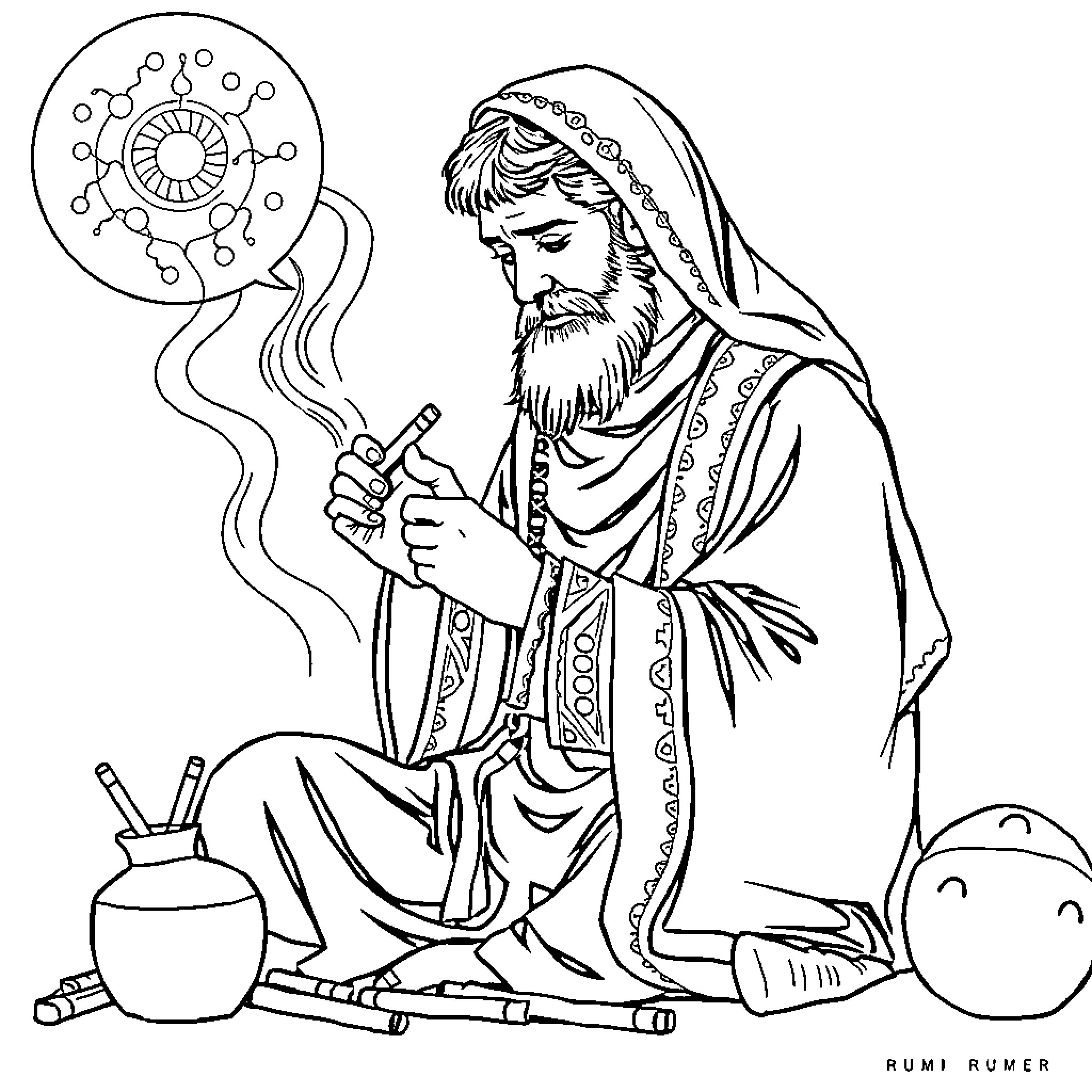 Rumi contemplating spiritual elements Coloring Page (free black-and-white line drawing printable PDF for all, from beginners to advanced learners, including children, teens, adults, and seniors)