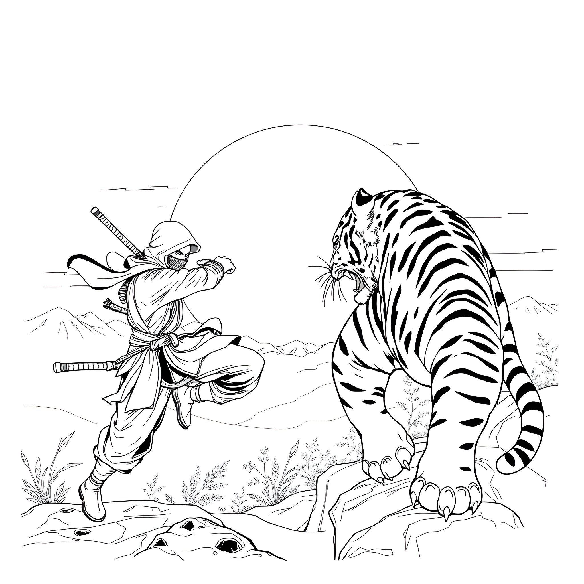 Ninja warrior fighting with majestic tiger in wilderness Coloring Page (free black-and-white line drawing printable PDF for all, from beginners to advanced learners, including children, teens, adults, and seniors)