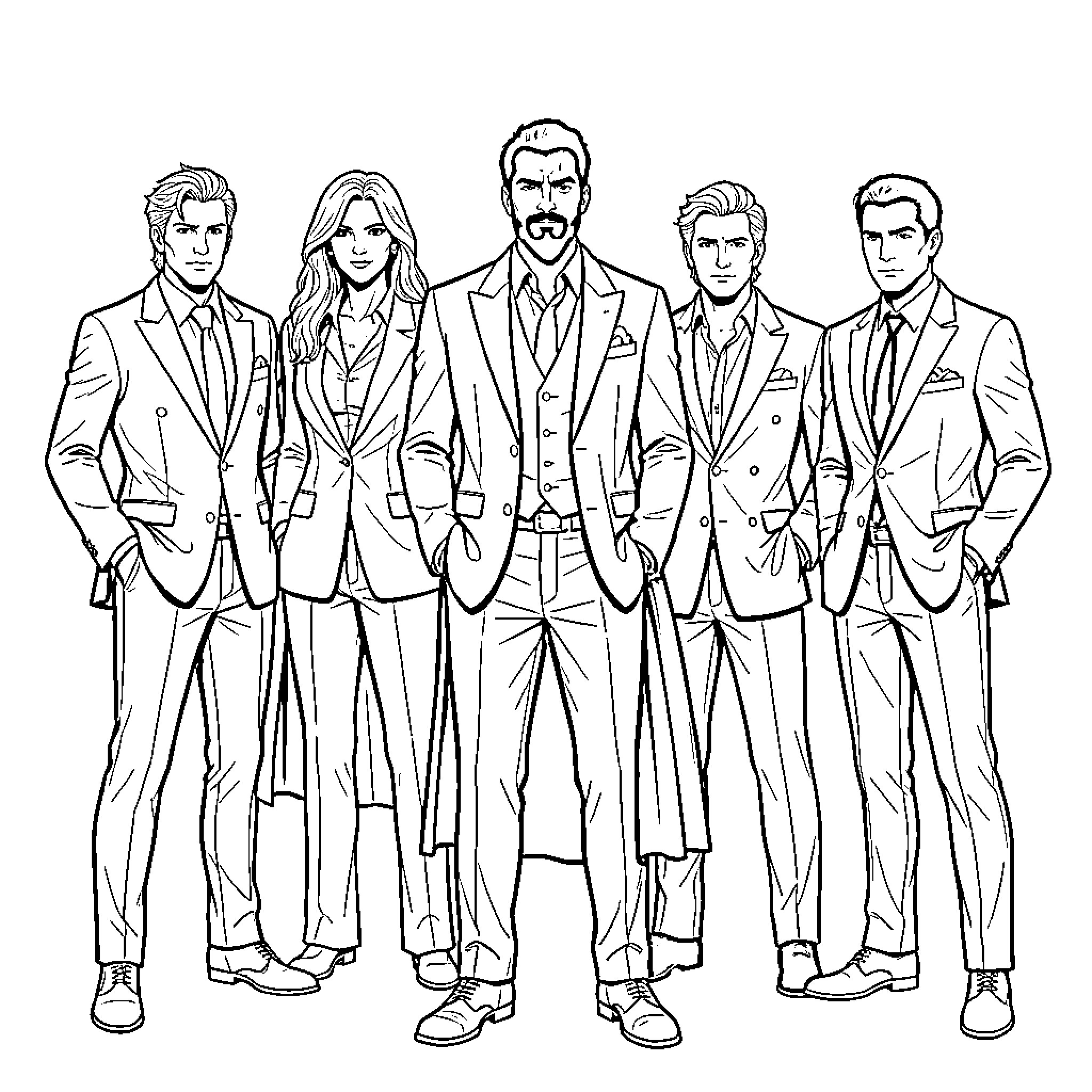 Hero group posing confidently in formal suits Coloring Page (free black-and-white line drawing printable PDF for all, from beginners to advanced learners, including children, teens, adults, and seniors)