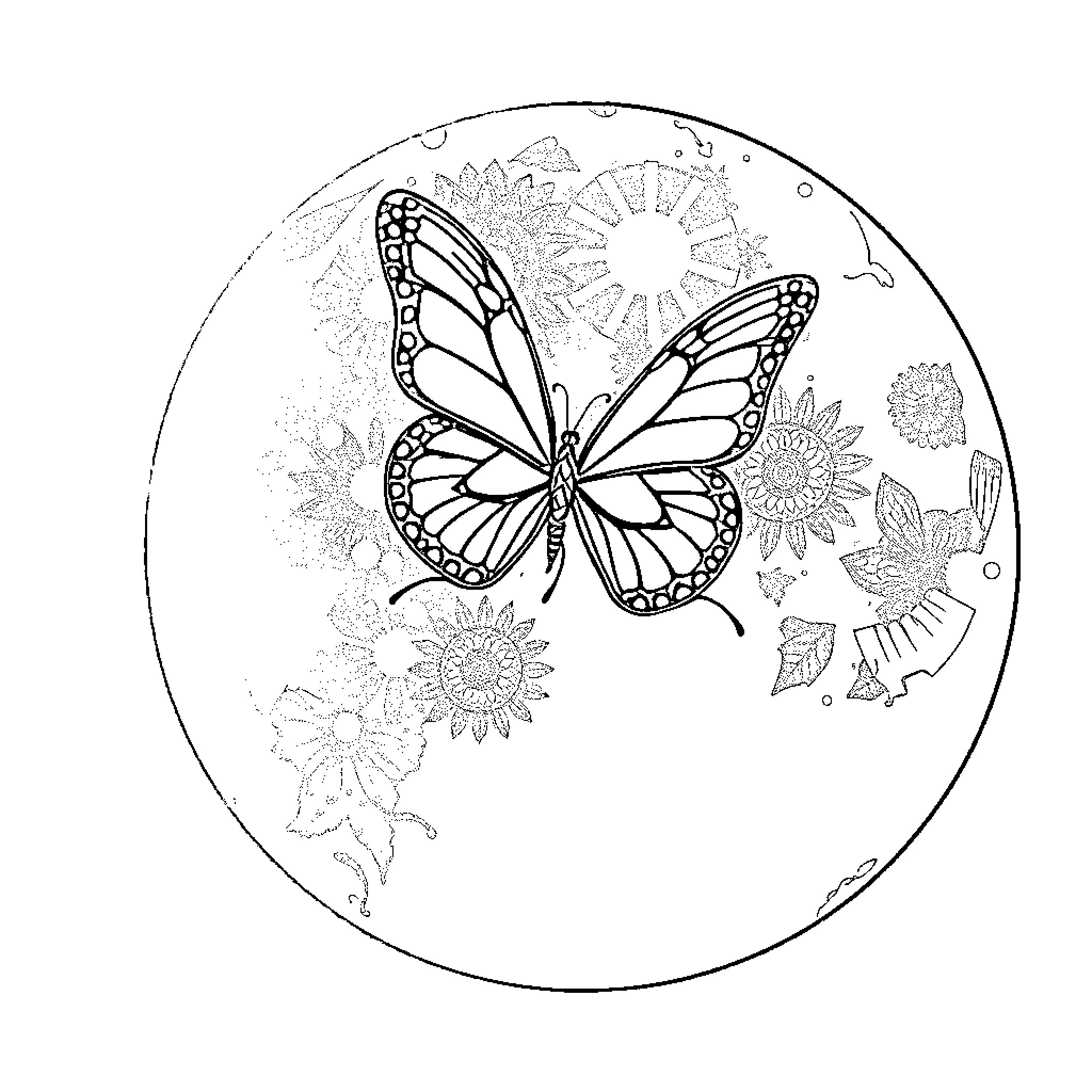 Butterfly amid floral patterns Coloring Page (free black-and-white line drawing printable PDF for all, from beginners to advanced learners, including children, teens, adults, and seniors)