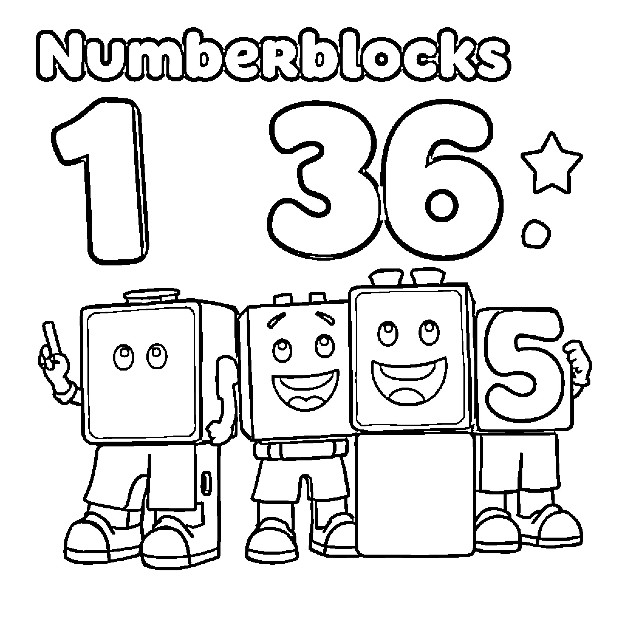 Numberblocks characters in playful poses Coloring Page (free black-and-white line drawing printable PDF for all, from beginners to advanced learners, including children, teens, adults, and seniors)