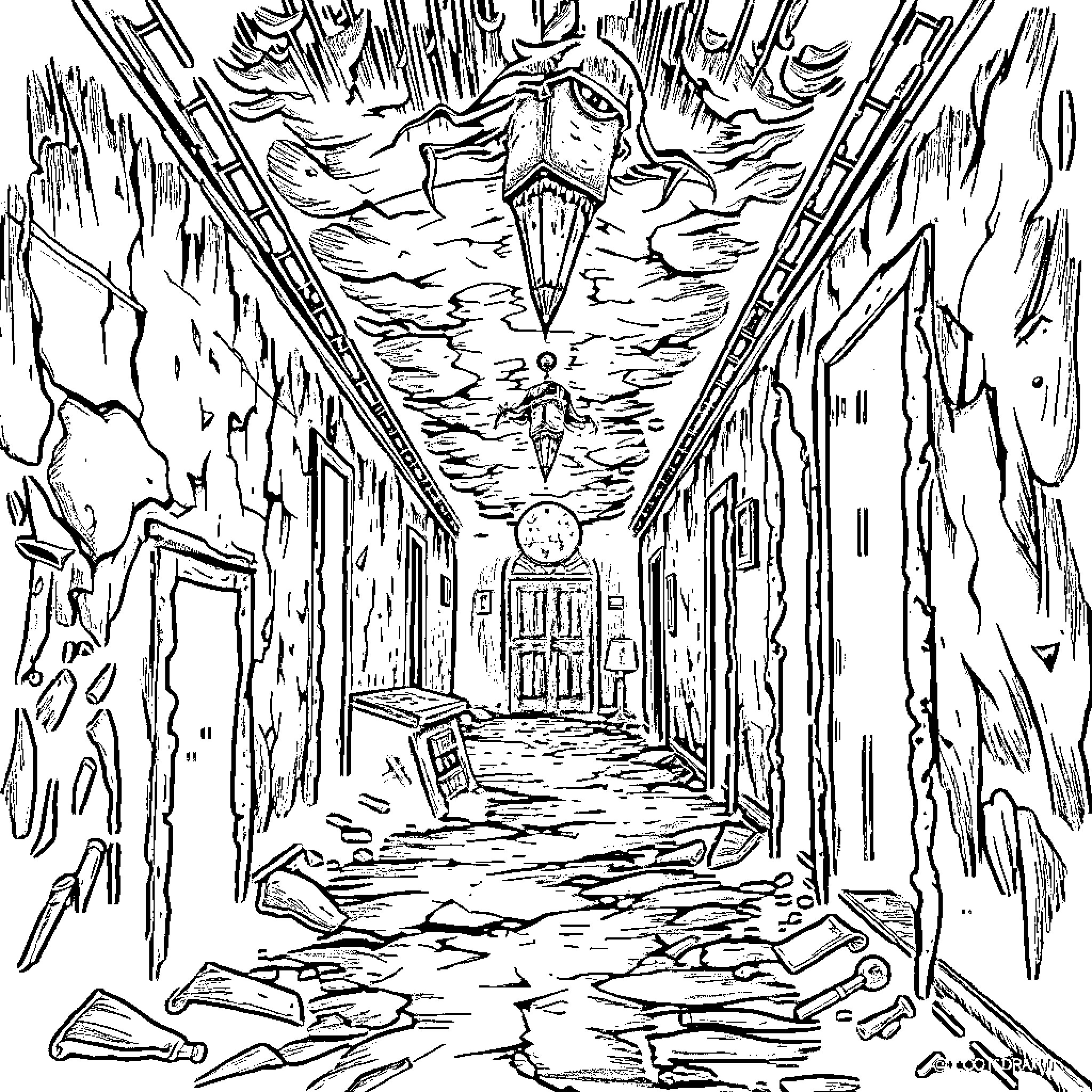 Entity in the Abandoned Hallway Coloring Page (free black-and-white line drawing printable PDF for all, from beginners to advanced learners, including children, teens, adults, and seniors)
