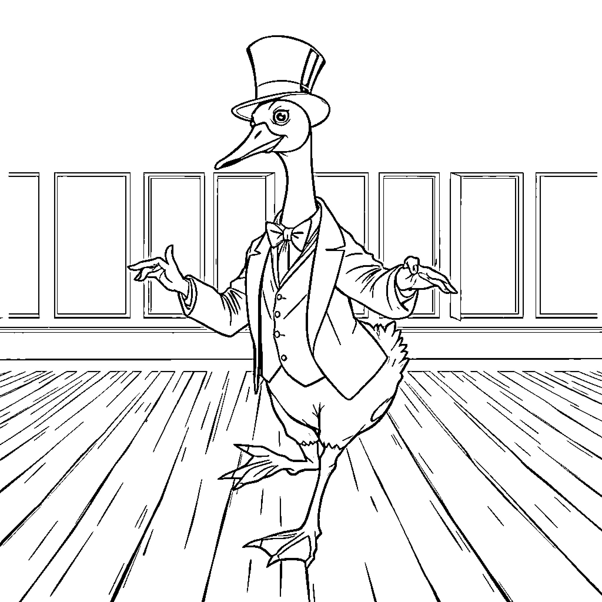 Goose dressed in formal attire dancing in a room Coloring Page (free black-and-white line drawing printable PDF for all, from beginners to advanced learners, including children, teens, adults, and seniors)