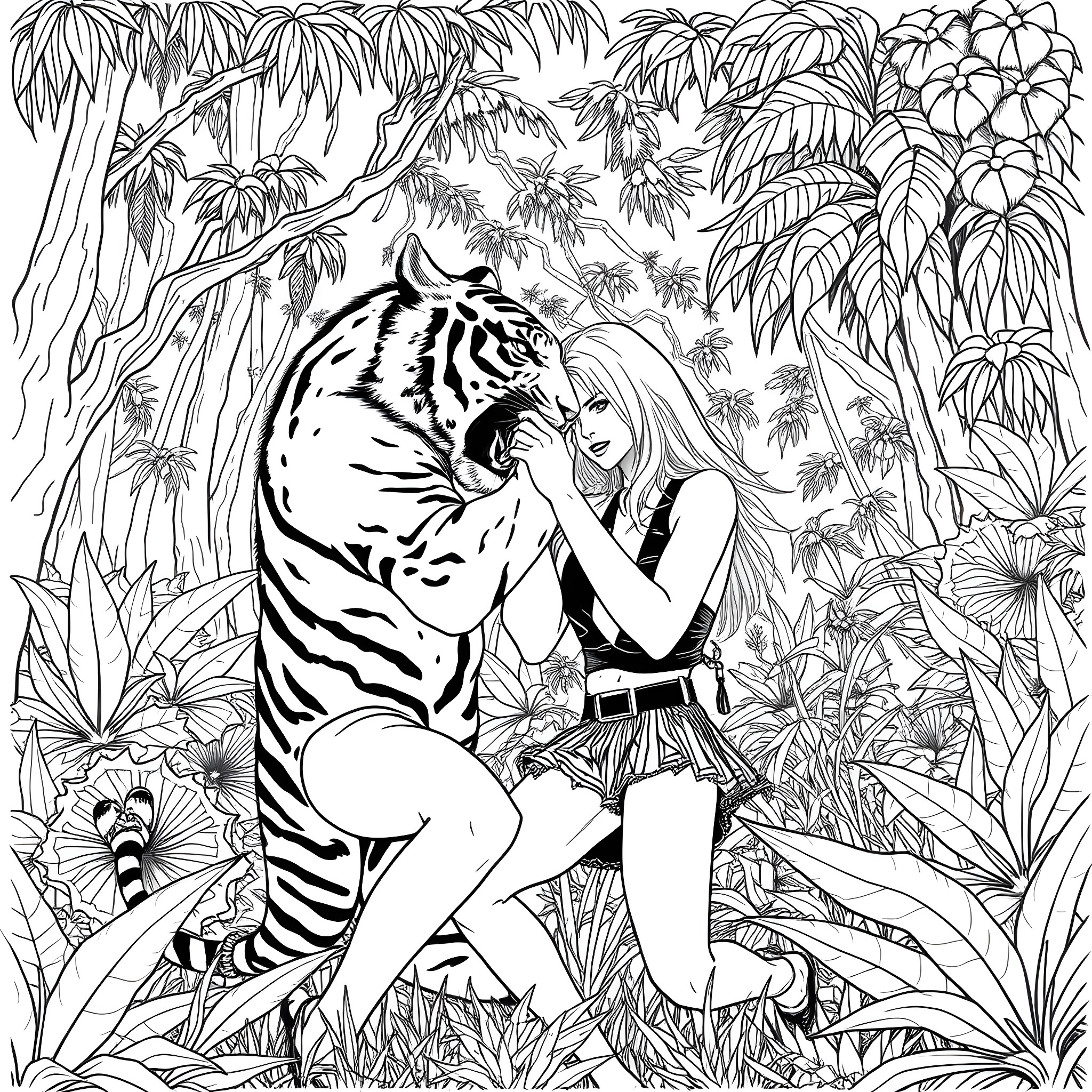 Taylor Momsen embracing a majestic tiger in a lush jungle setting Coloring Page (free black-and-white line drawing printable PDF for all, from beginners to advanced learners, including children, teens, adults, and seniors)