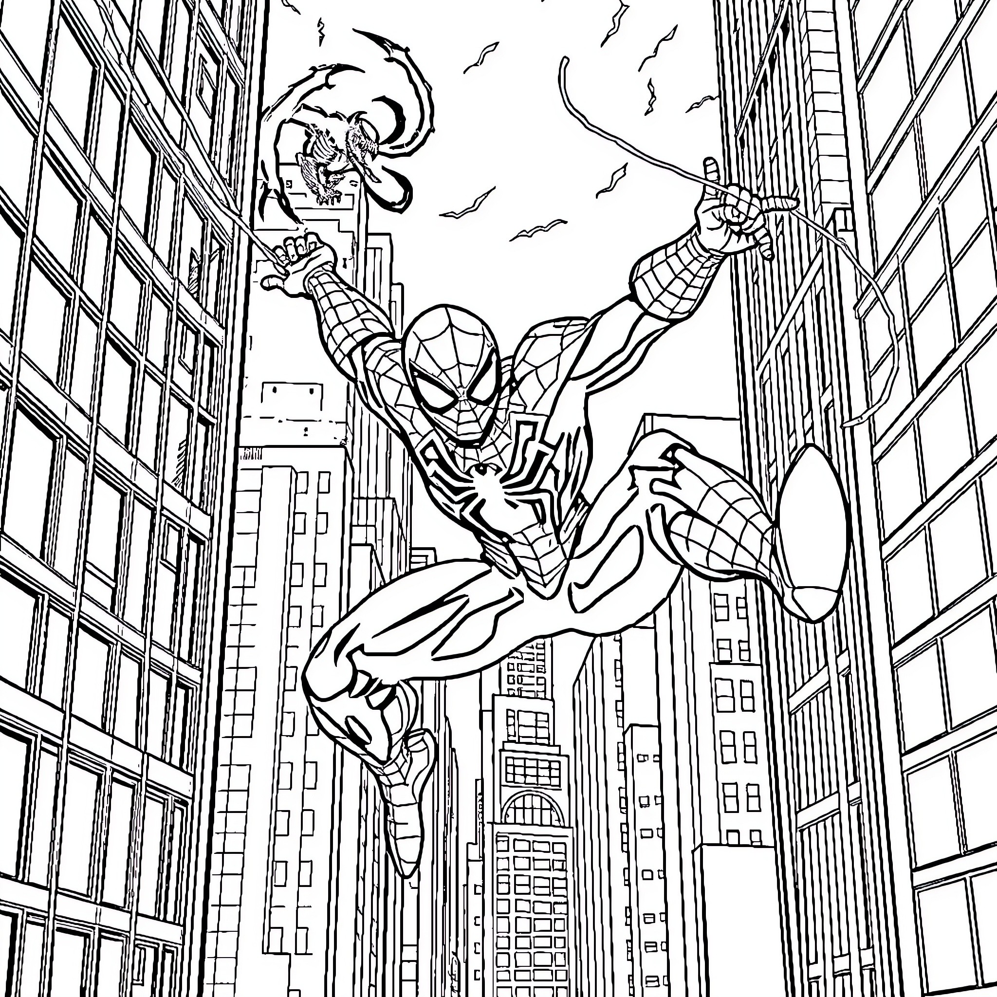 Spider-Man swinging through the city skyline Coloring Page (free black-and-white line drawing printable PDF for all, from beginners to advanced learners, including children, teens, adults, and seniors)