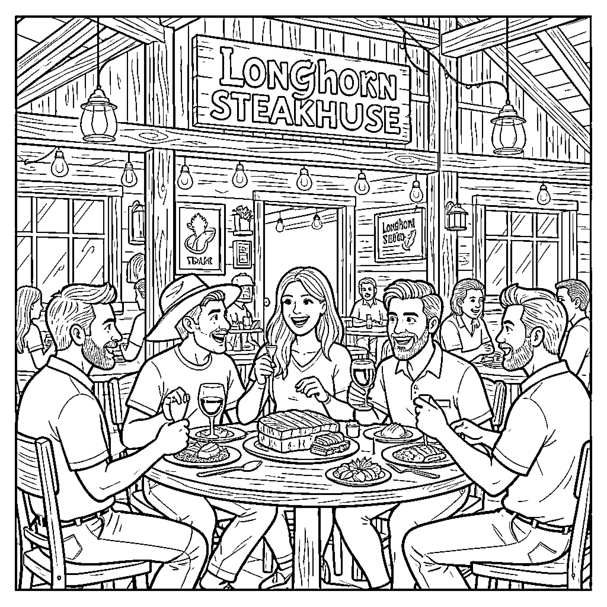 Longhorn Steakhouse patrons enjoying a meal together Coloring Page (free black-and-white line drawing printable PDF for all, from beginners to advanced learners, including children, teens, adults, and seniors)