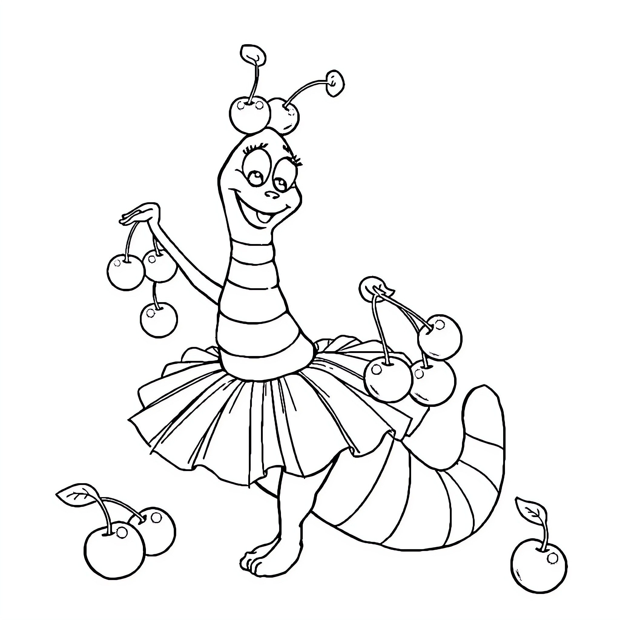 Worm dancing joyfully with cherries Coloring Page (free black-and-white line drawing printable PDF for all, from beginners to advanced learners, including children, teens, adults, and seniors)