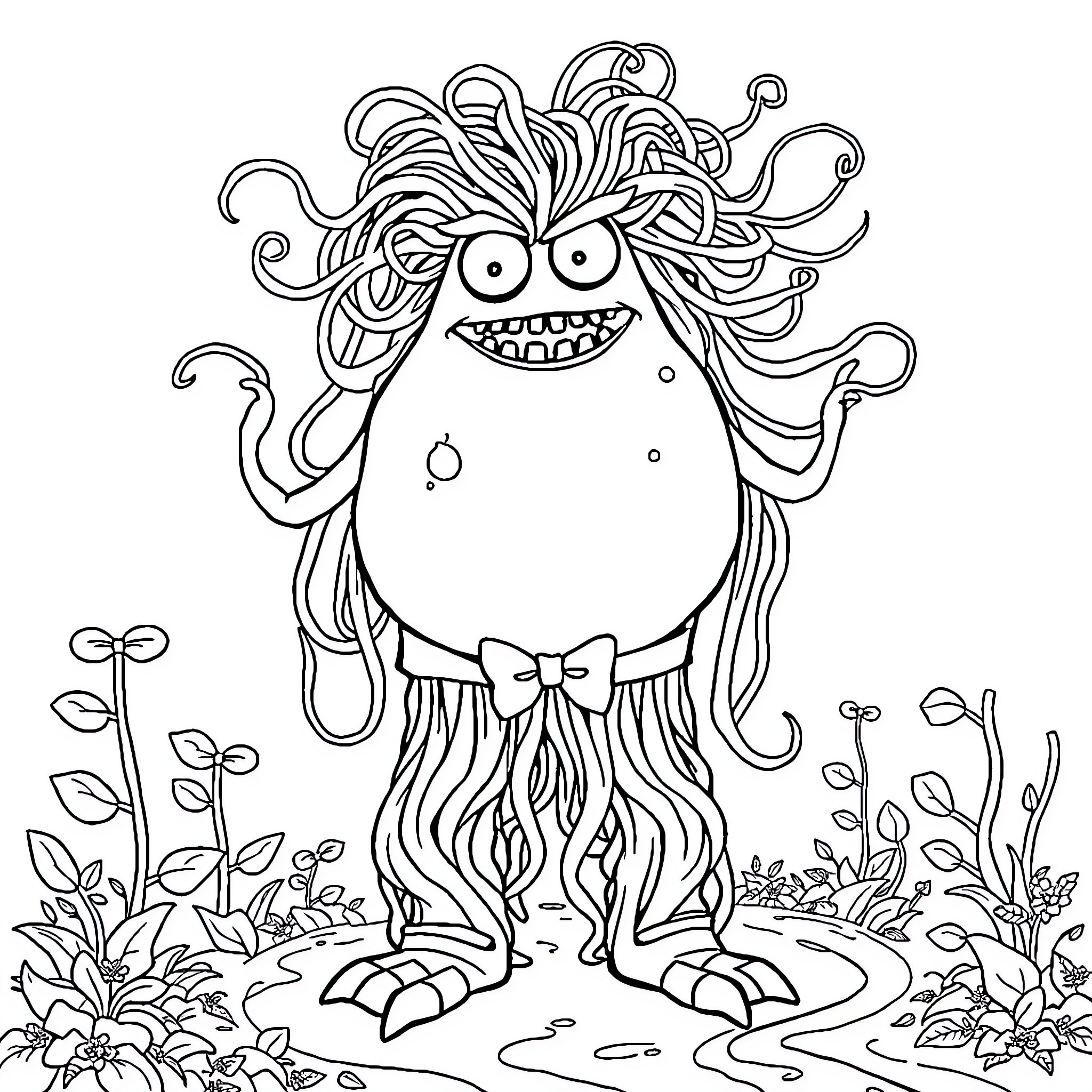 Spaghetti Monster in a Whimsical Outdoor Scene Coloring Page (free black-and-white line drawing printable PDF for all, from beginners to advanced learners, including children, teens, adults, and seniors)