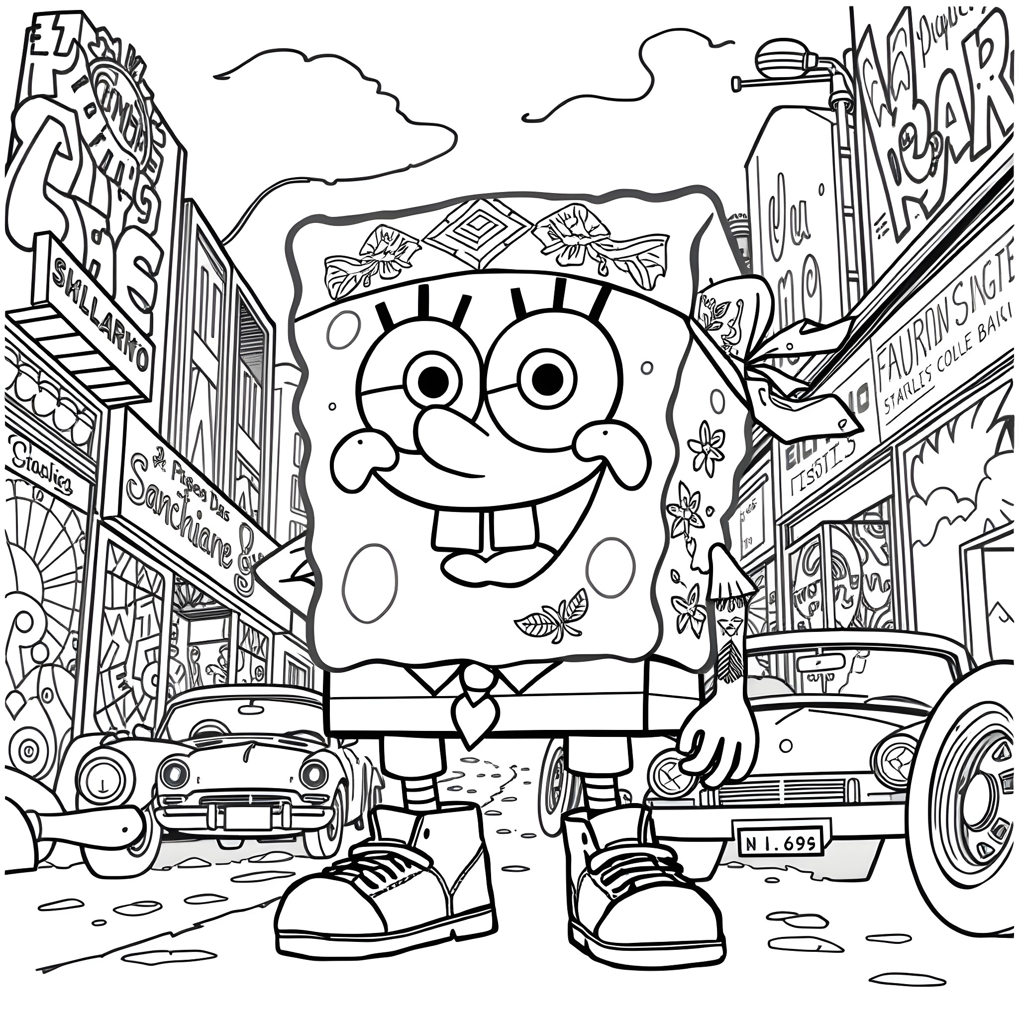Spongebob's Crazy Day Out in the City Coloring Page (free black-and-white line drawing printable PDF for all, from beginners to advanced learners, including children, teens, adults, and seniors)