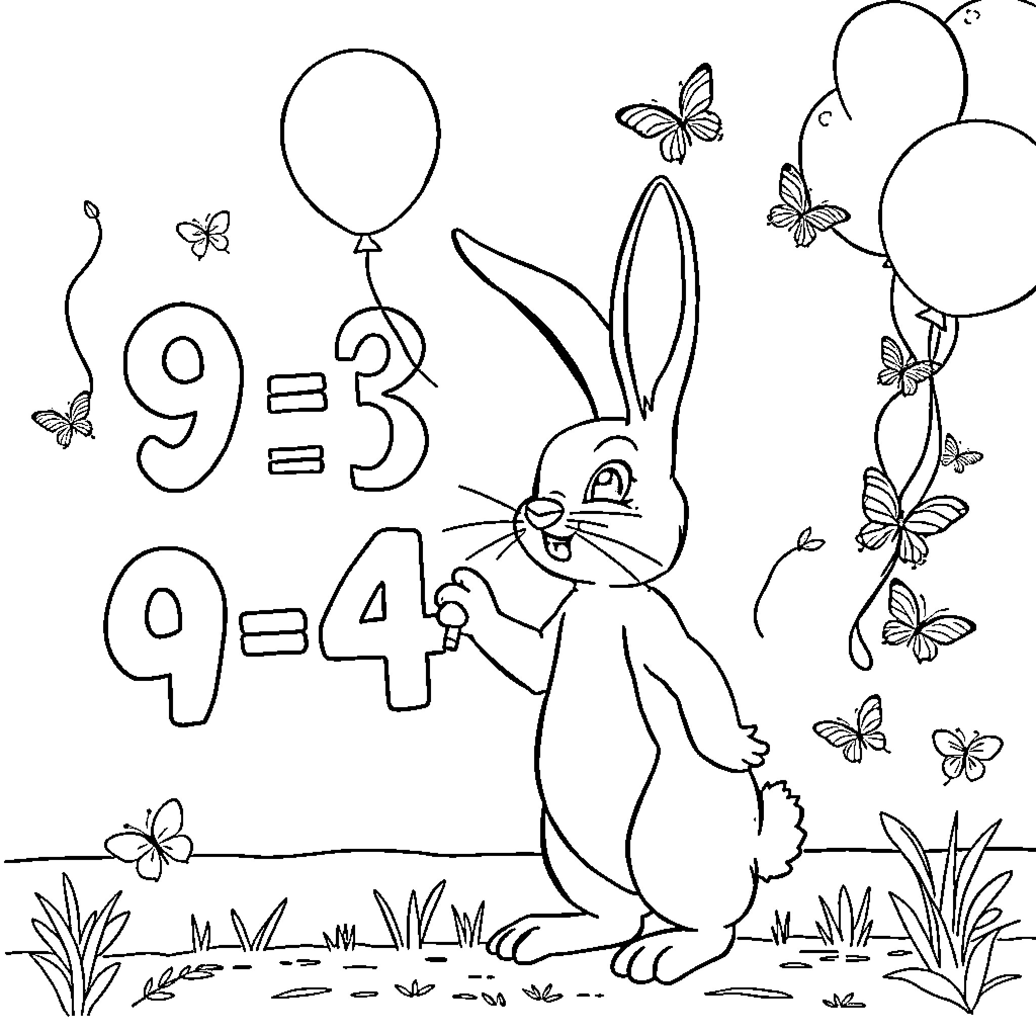 Rabbit solving math problems with butterflies Coloring Page (free black-and-white line drawing printable PDF for all, from beginners to advanced learners, including children, teens, adults, and seniors)