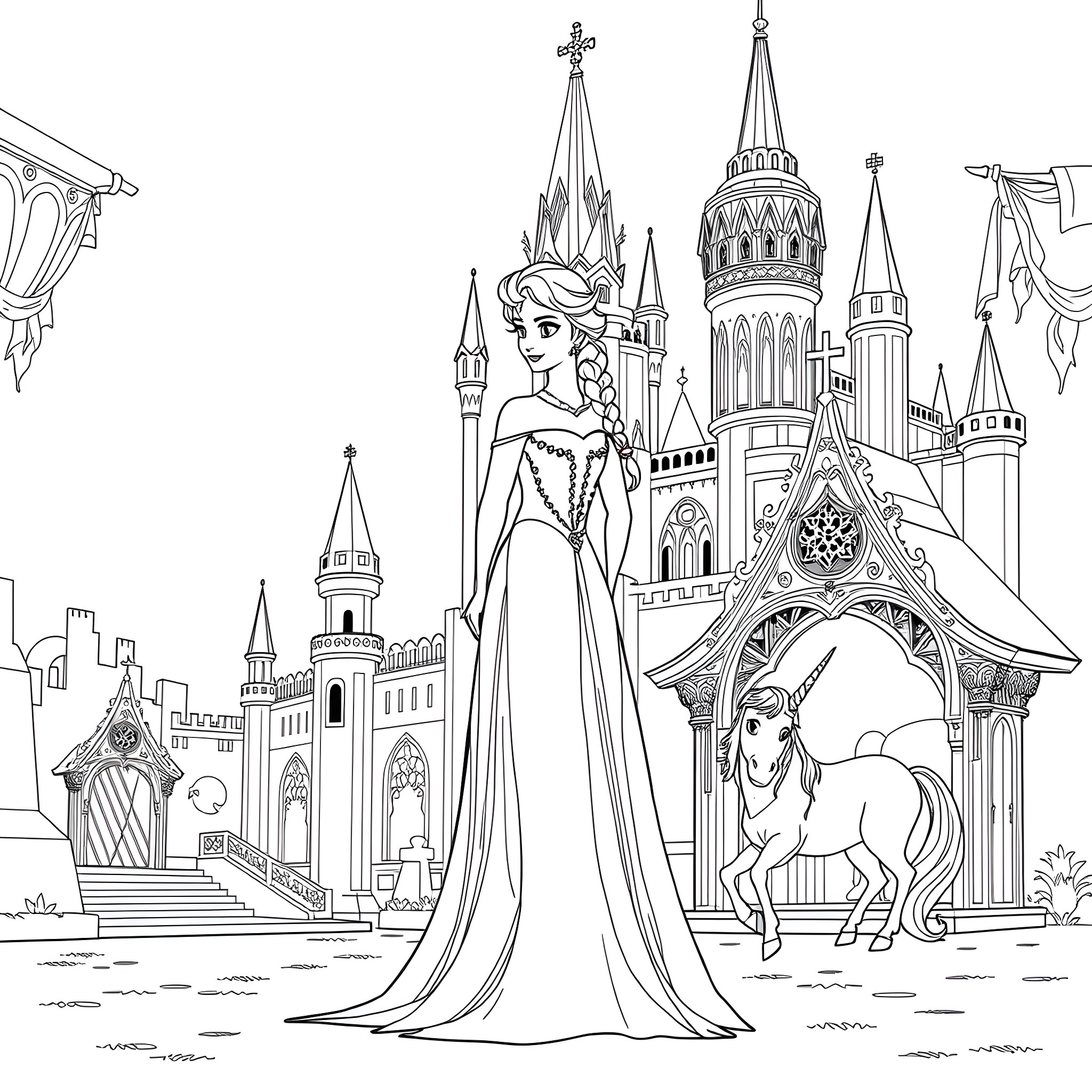 Elsa in a magnificent castle surrounded by fantasy architecture Coloring Page (free black-and-white line drawing printable PDF for all, from beginners to advanced learners, including children, teens, adults, and seniors)