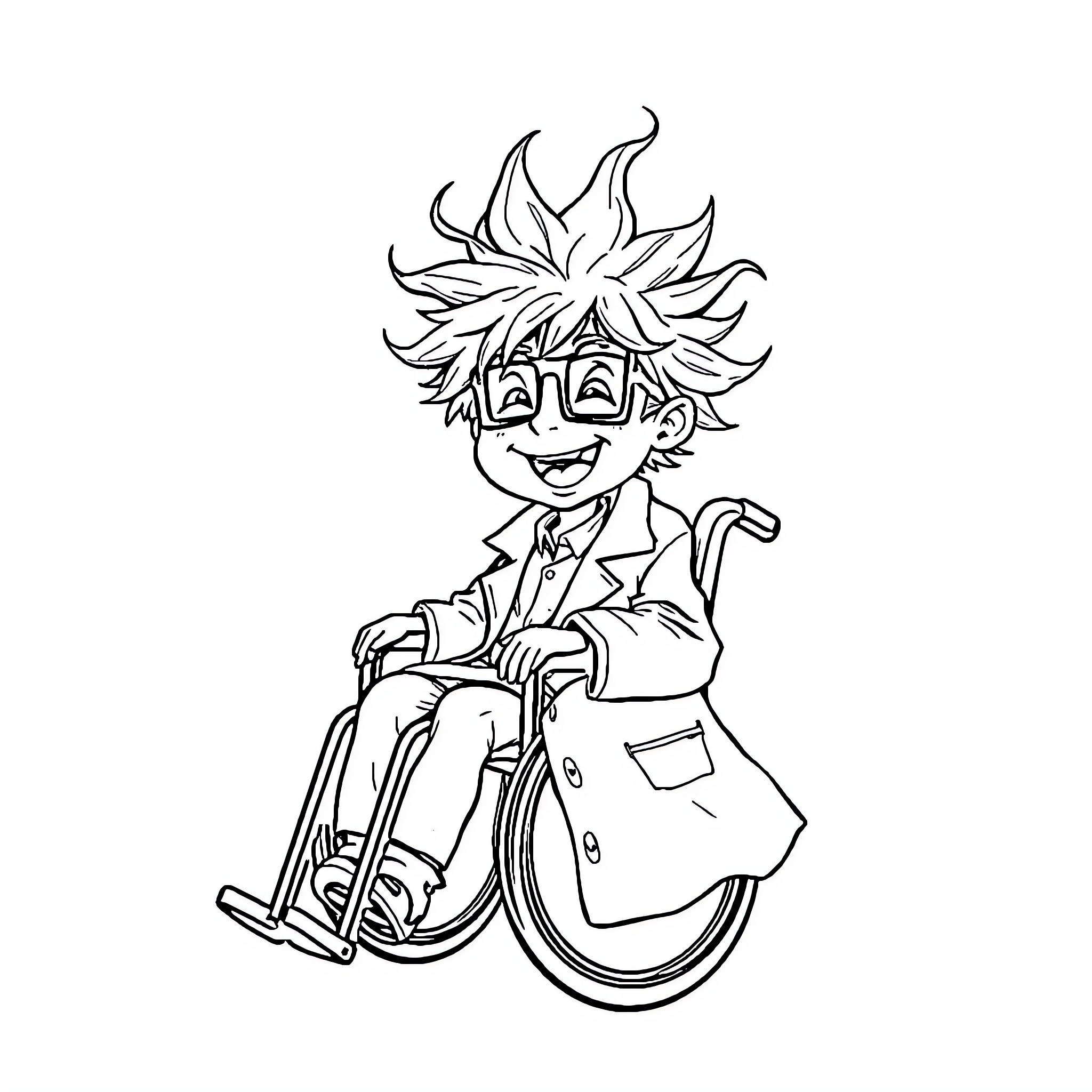 Kid in Wheelchair Smiling Joyfully Coloring Page (free black-and-white line drawing printable PDF for all, from beginners to advanced learners, including children, teens, adults, and seniors)