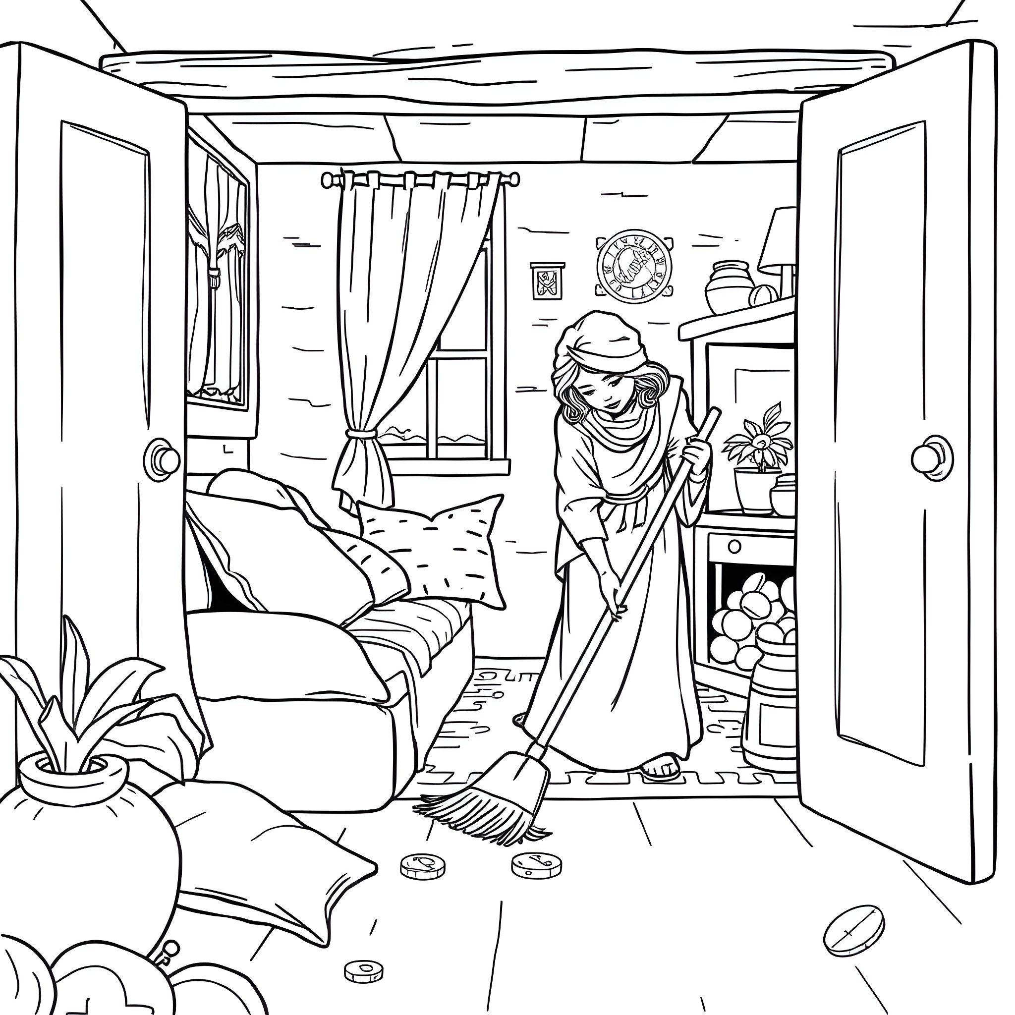Coin cleaning a cozy indoor space Coloring Page (free black-and-white line drawing printable PDF for all, from beginners to advanced learners, including children, teens, adults, and seniors)