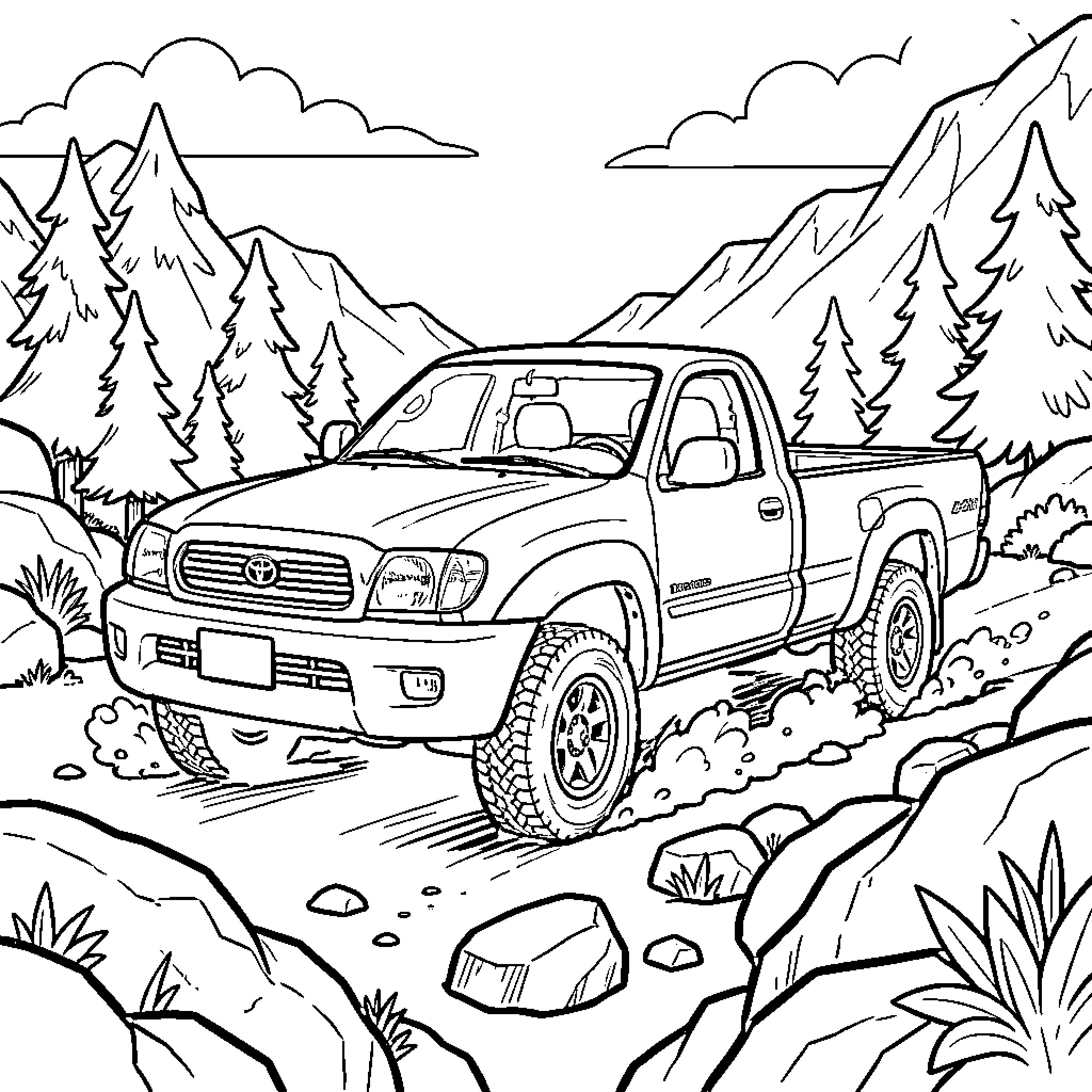 Toyota Tacoma navigating rugged terrain in the mountains Coloring Page (free black-and-white line drawing printable PDF for all, from beginners to advanced learners, including children, teens, adults, and seniors)