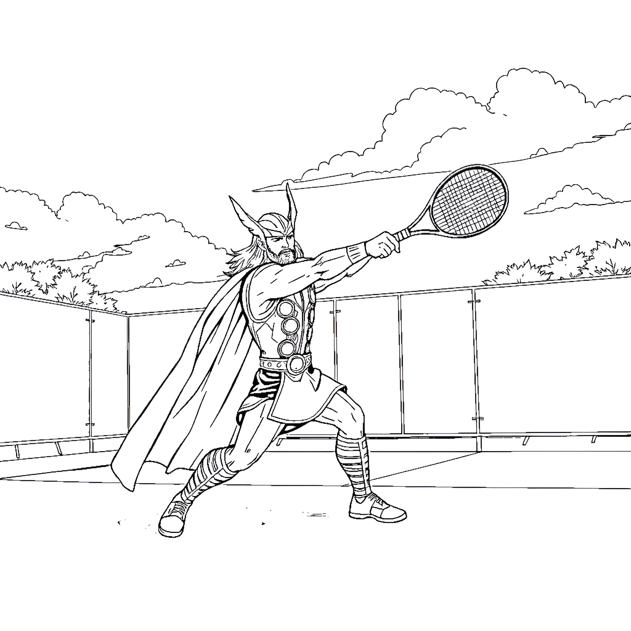 Thor Playing Tennis on a Cloudy Day Coloring Page (free black-and-white line drawing printable PDF for all, from beginners to advanced learners, including children, teens, adults, and seniors)