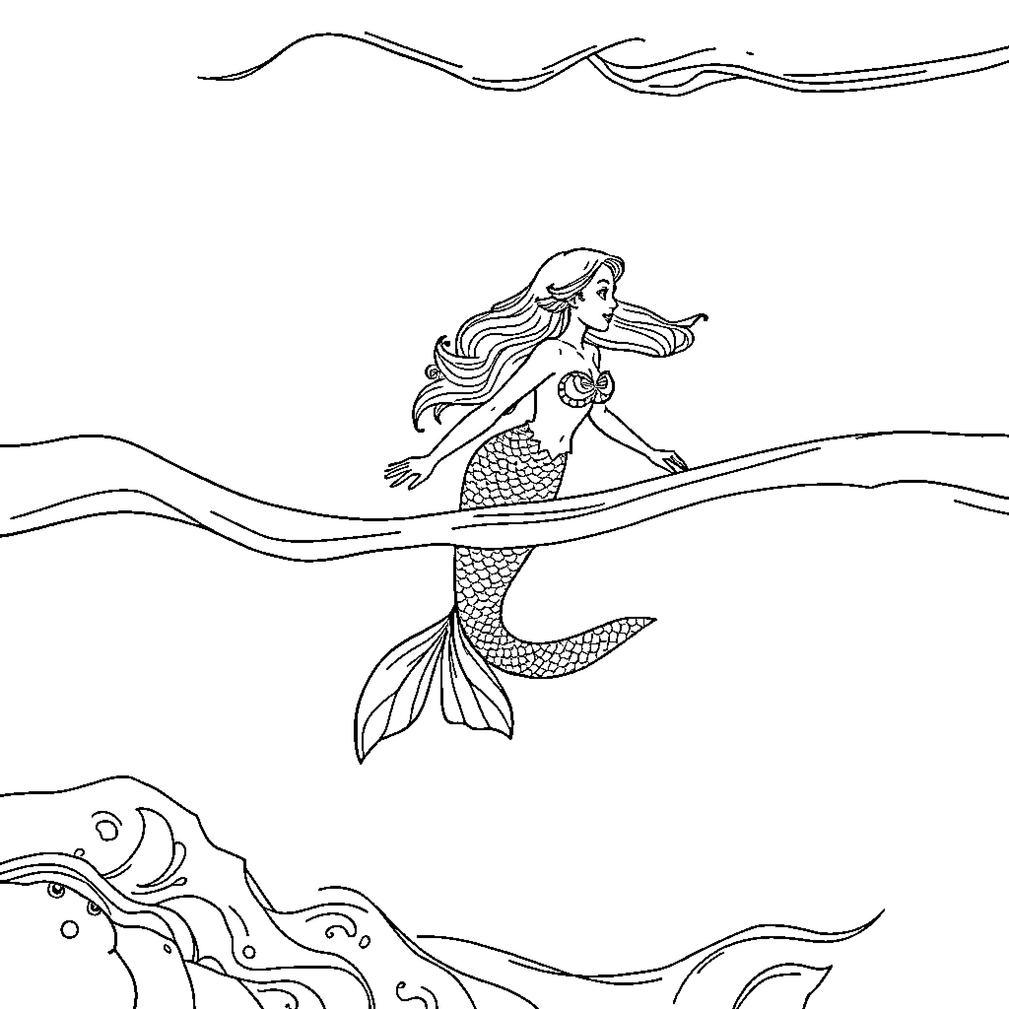 Mermaid swimming gracefully through the waves Coloring Page (free black-and-white line drawing printable PDF for all, from beginners to advanced learners, including children, teens, adults, and seniors)