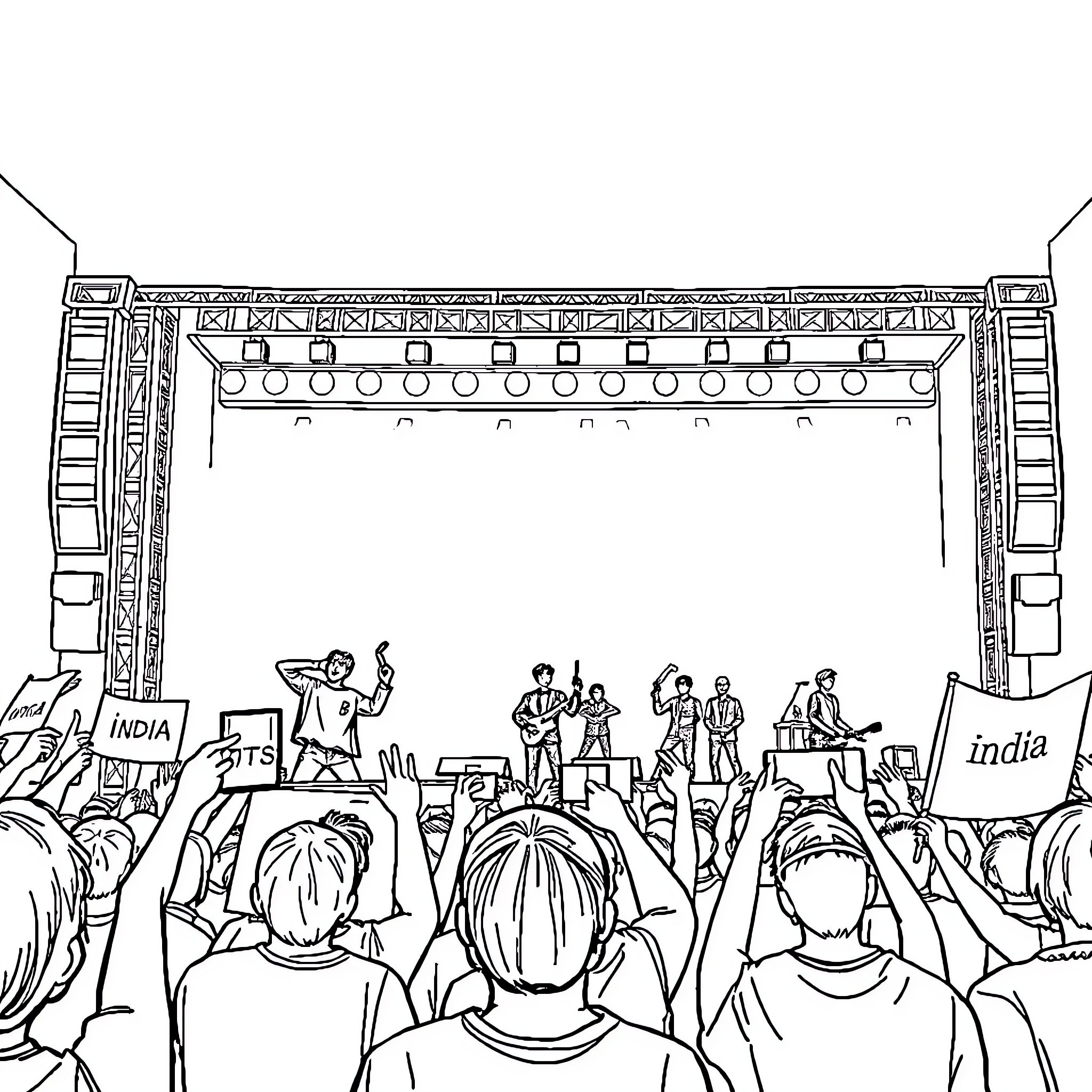 BTS performing live on stage with excited fans Coloring Page (free black-and-white line drawing printable PDF for all, from beginners to advanced learners, including children, teens, adults, and seniors)