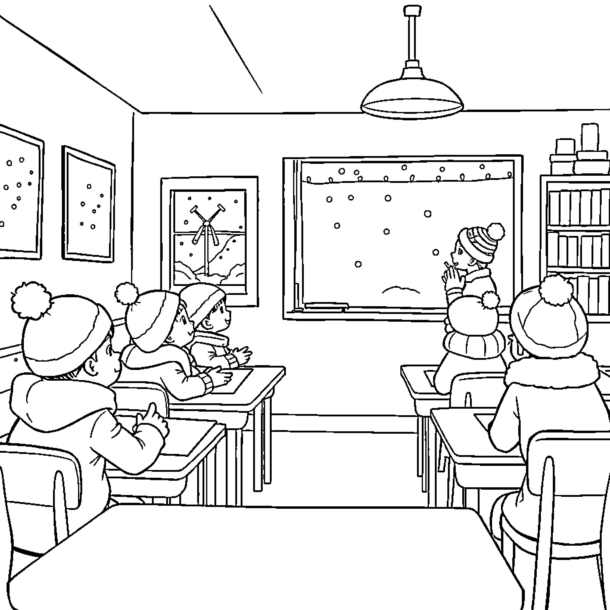Pupil's Wintry Wonderland in the Classroom Coloring Page (free black-and-white line drawing printable PDF for all, from beginners to advanced learners, including children, teens, adults, and seniors)