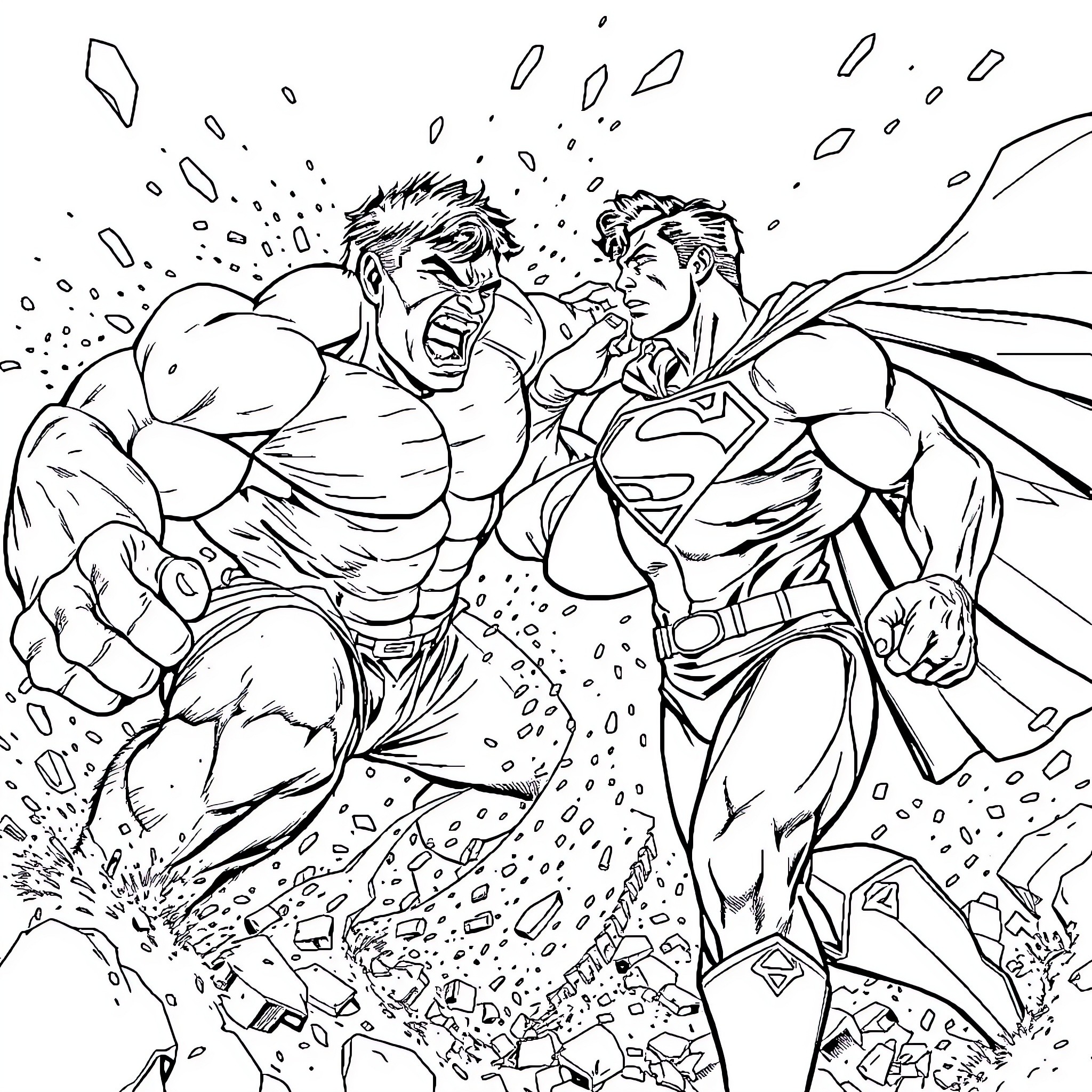Hulk and Superman clash in epic battle Coloring Page (free black-and-white line drawing printable PDF for all, from beginners to advanced learners, including children, teens, adults, and seniors)