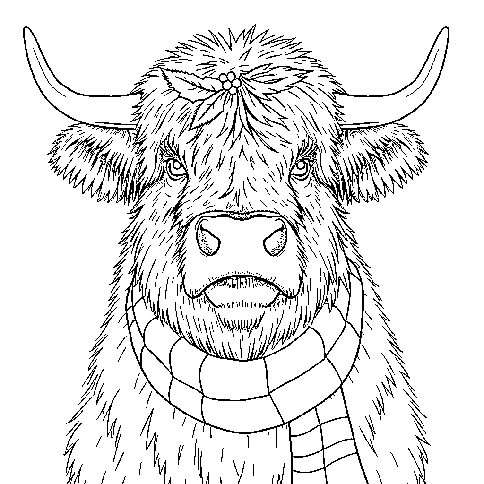Highland Cow wearing a scarf in winter Coloring Page (free black-and-white line drawing printable PDF for all, from beginners to advanced learners, including children, teens, adults, and seniors)
