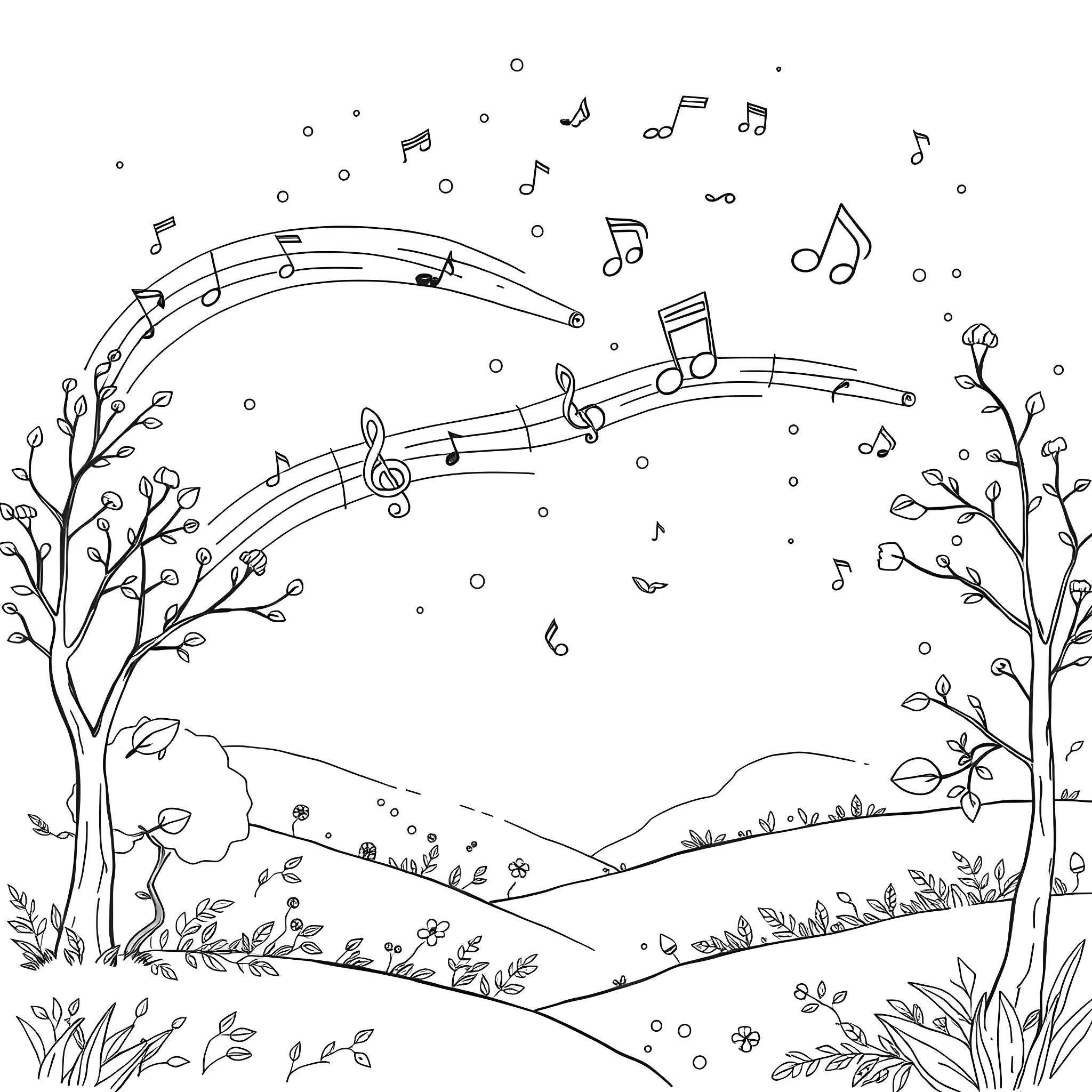 Melody of Nature's Harmony Coloring Page (free black-and-white line drawing printable PDF for all, from beginners to advanced learners, including children, teens, adults, and seniors)