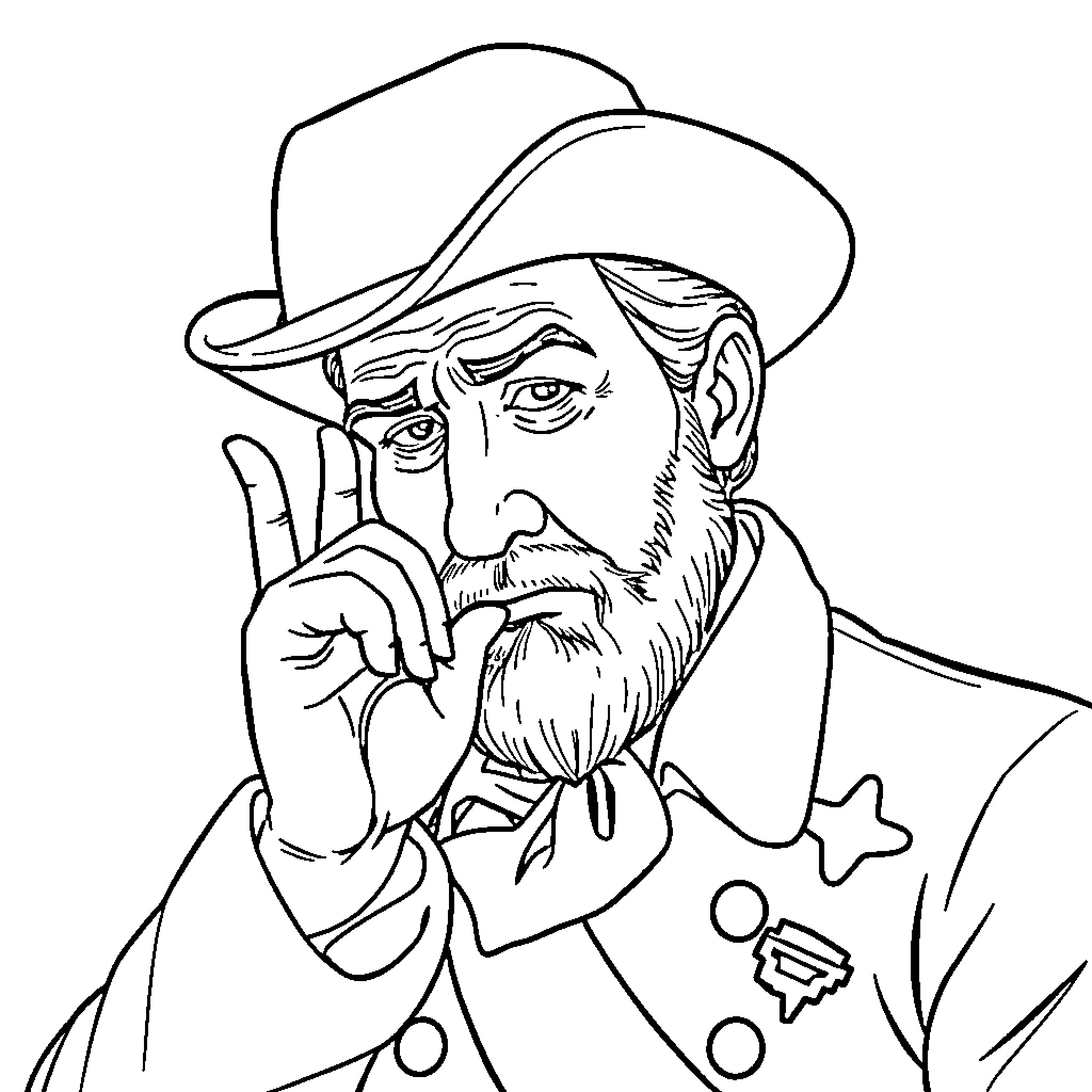 Sam Houston in contemplative pose Coloring Page (free black-and-white line drawing printable PDF for all, from beginners to advanced learners, including children, teens, adults, and seniors)