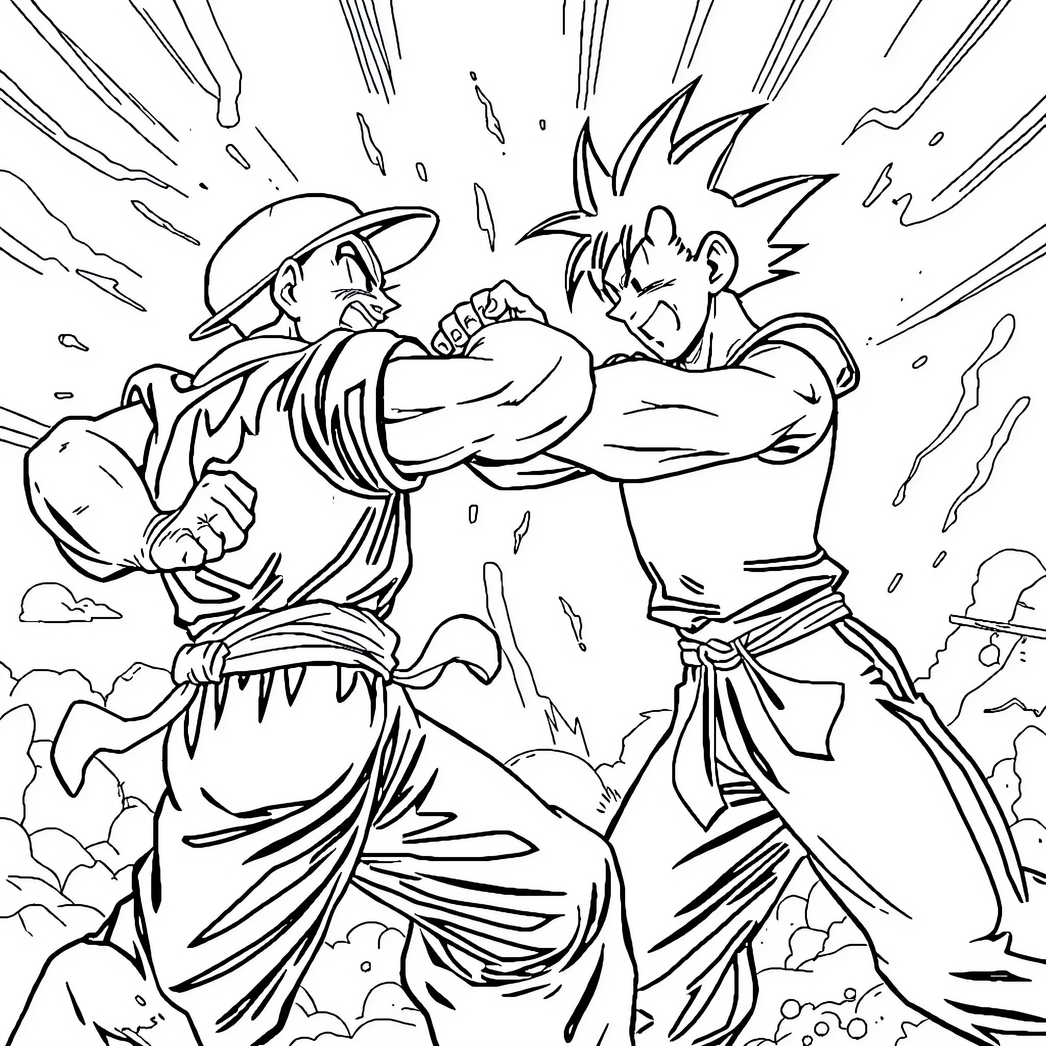 Popeye and Goku engaged in an intense battle Coloring Page (free black-and-white line drawing printable PDF for all, from beginners to advanced learners, including children, teens, adults, and seniors)