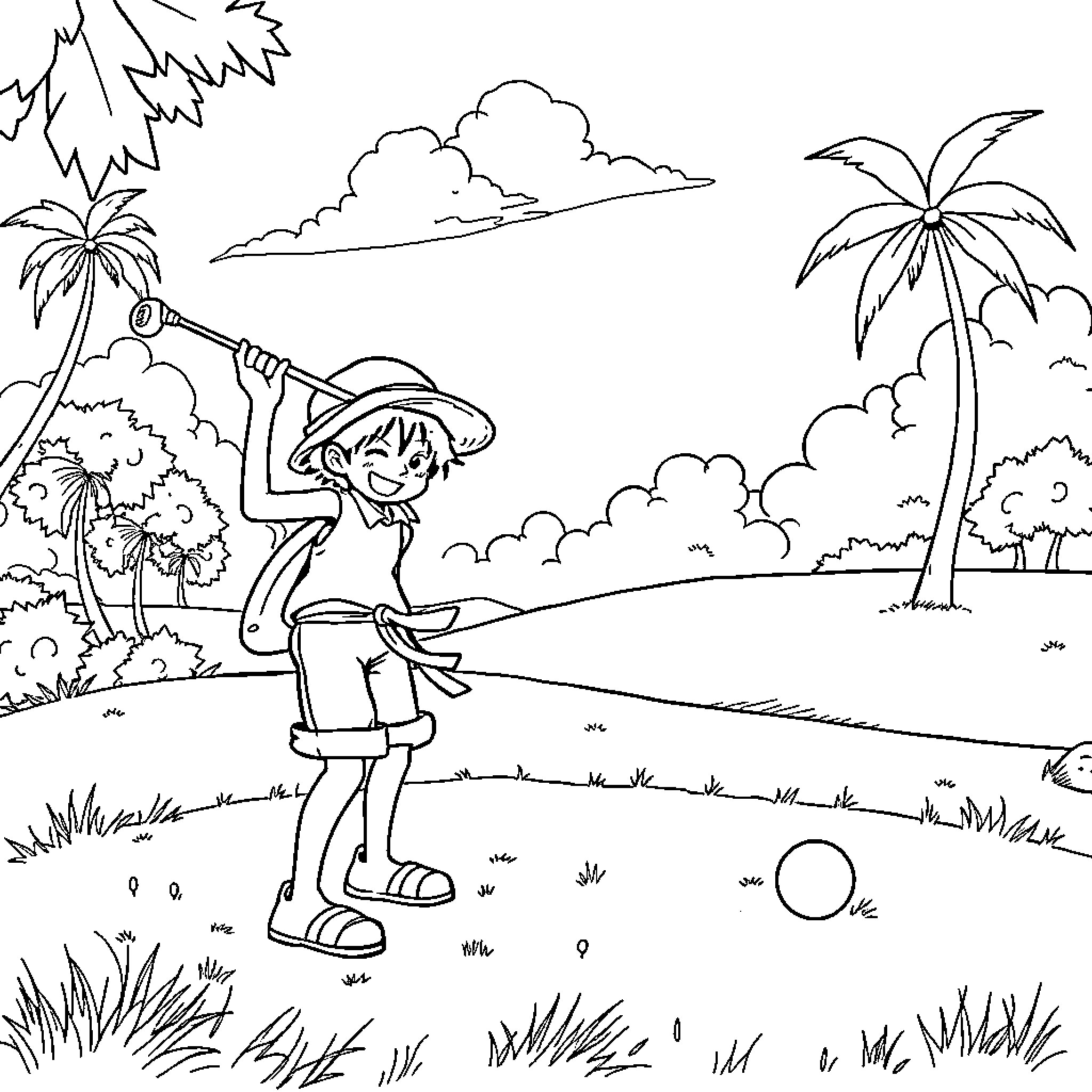 Luffy embarks on an outdoor adventure in a tropical paradise Coloring Page (free black-and-white line drawing printable PDF for all, from beginners to advanced learners, including children, teens, adults, and seniors)