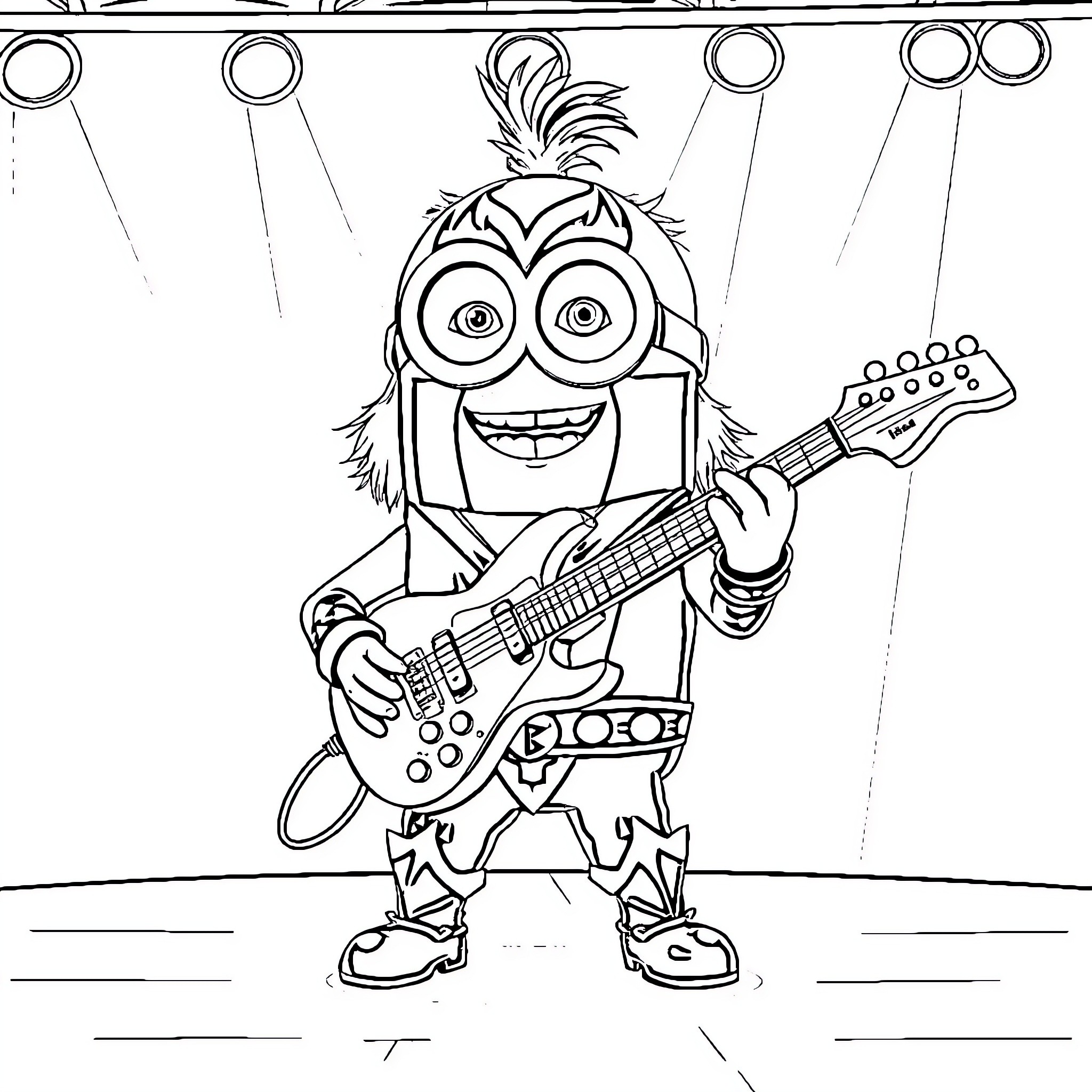 Minion rocking out on stage with guitar Coloring Page (free black-and-white line drawing printable PDF for all, from beginners to advanced learners, including children, teens, adults, and seniors)