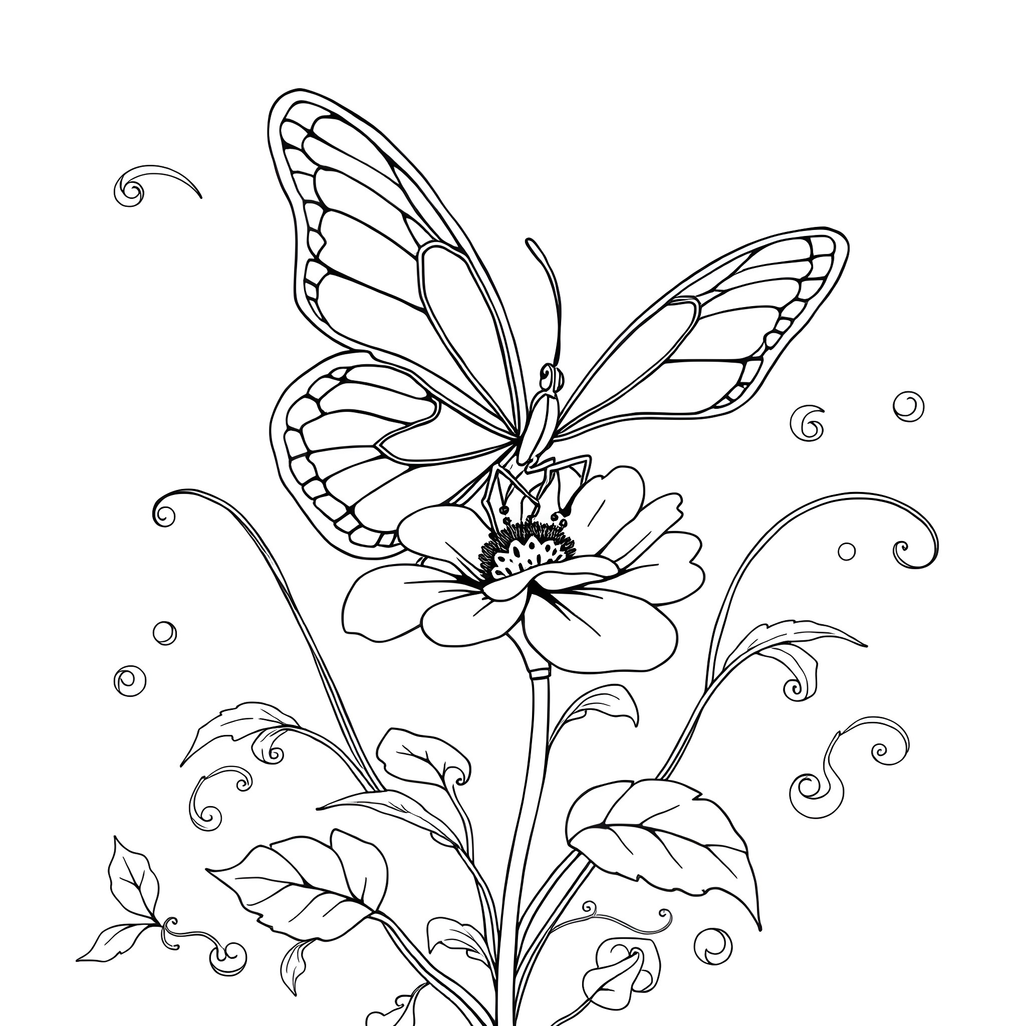 Butterfly perched gracefully on a blooming flower Coloring Page (free black-and-white line drawing printable PDF for all, from beginners to advanced learners, including children, teens, adults, and seniors)